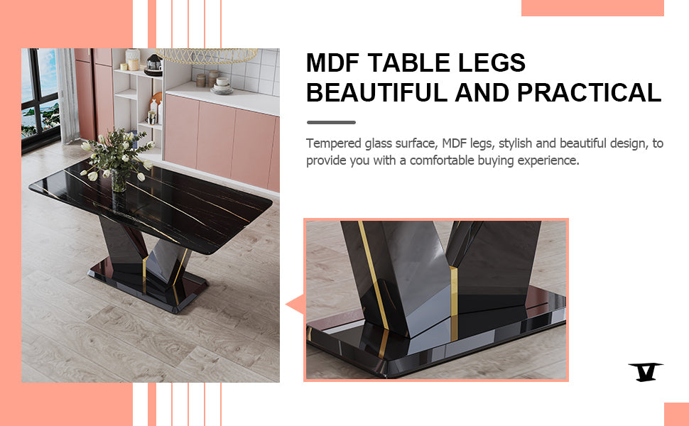 Table And Chair Set,Modern Minimalist Rectangular Dining Table, 0.4 Inch Thick, With A Black Imitation Marble Pattern Desktop And Black Mdf Legs. Comfortable Pu Seats,Perfect For Dinner, Meet Grey Black Seats 4 Mdf Glass