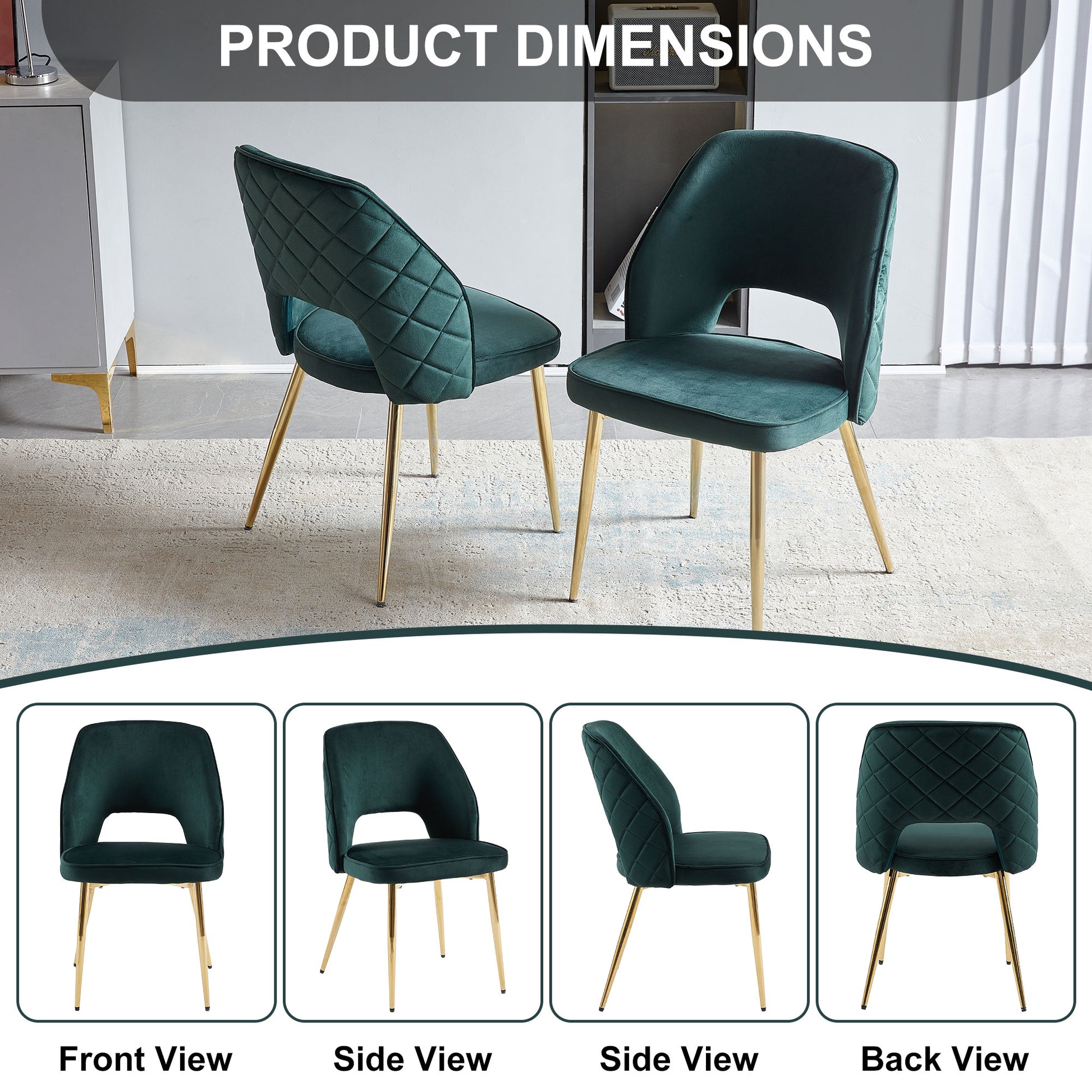 Dark Green Velvet Dining Chairs With Metal Legs And Hollow Back Upholstered Dining Chairs Set Of 4 Metal Dark Green Dining Room Foam Dry Clean Modern Dining Chairs Velvet
