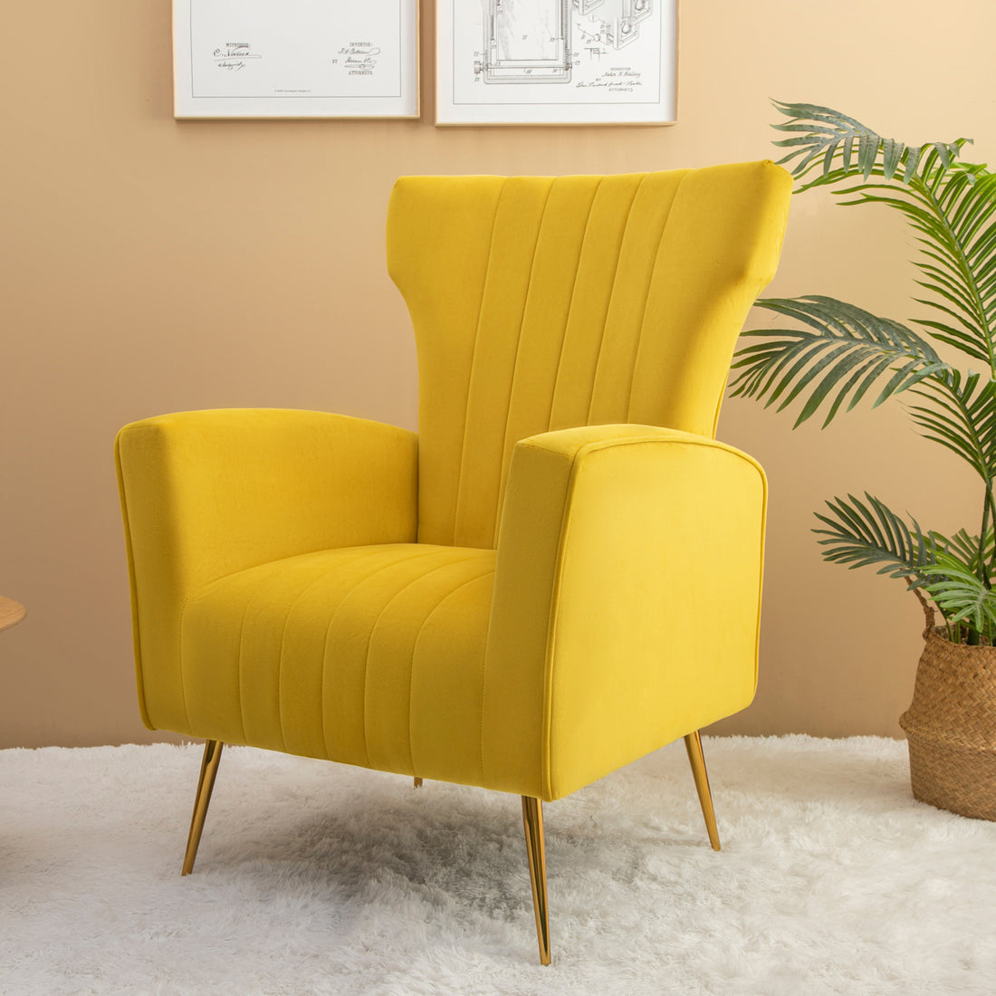 Velvet Accent Chair, Wingback Arm Chair With Gold Legs, Upholstered Single Sofa For Living Room Bedroom Yellow Velvet 1 Seat