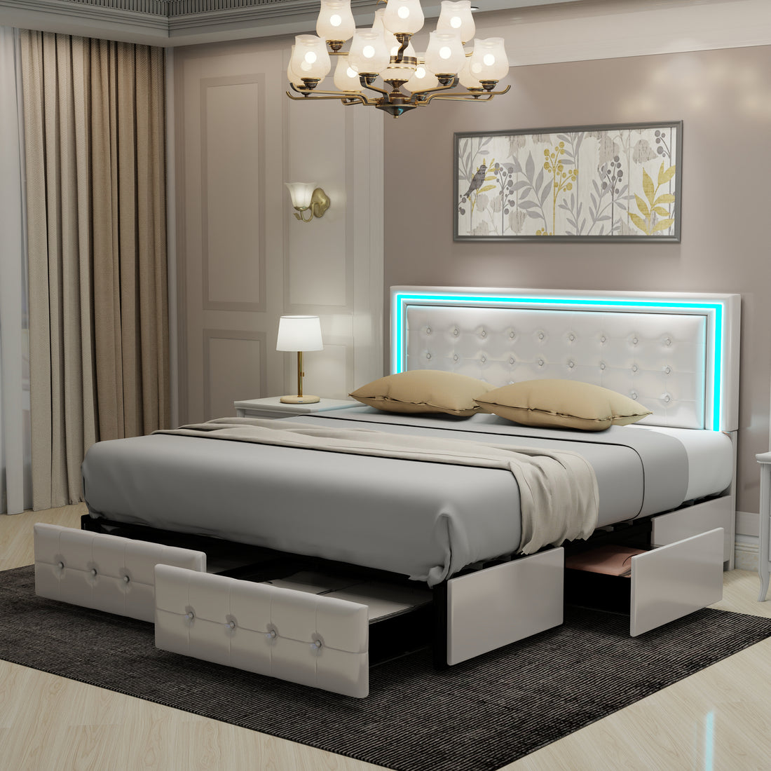 Full Size Led Bed Frame With 4 Storage Drawers, Smart Control Rgb Led Lights On Headboard,With Remote Control, Upholstered Adjustable Headbaord,Pu Leather White Pu Mdf Metal