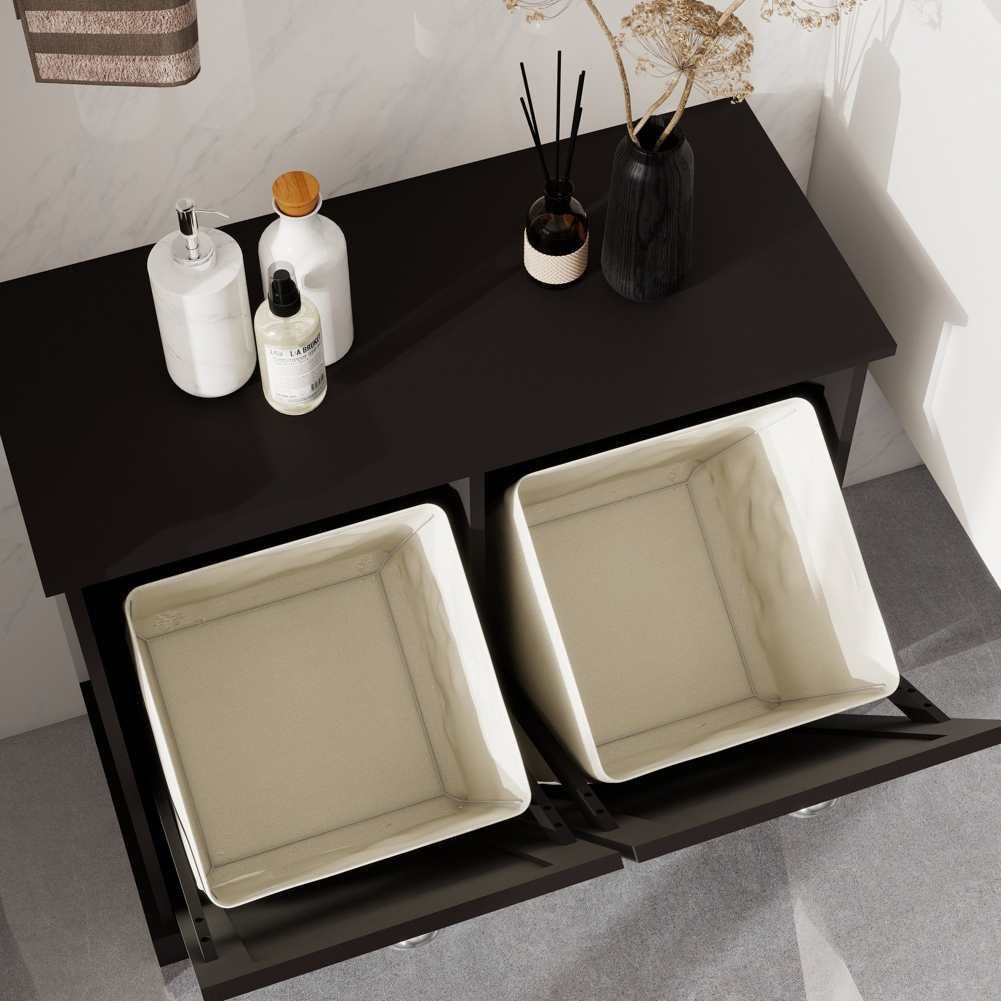 Two Compartment Tilt Out Laundry Sorter Cabinet Black Black Mdf