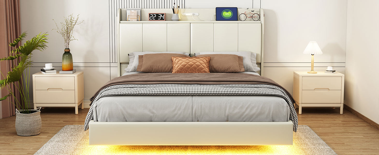 Queen Size Floating Bed Frame With Storage Headboard, Modern Upholstered Platform Bed With Touch Sensor Night Light And Usb Charger, Beige Queen Beige Bed Frame Wood