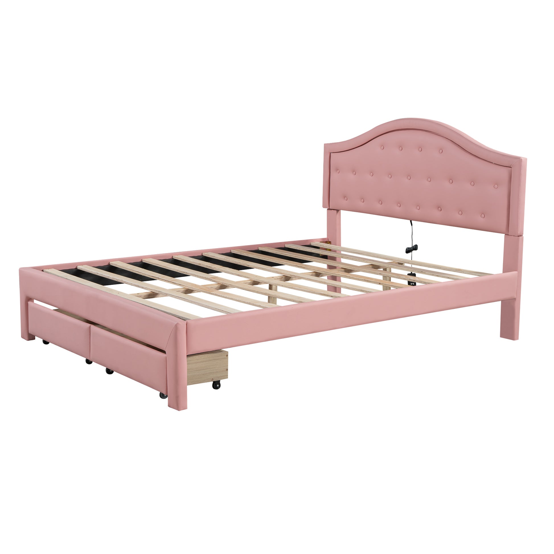 Queen Size Upholstered Platform Bed With Tufted Headboard, Led And 2 Drawers, Pink Box Spring Not Required Queen Pink Wood Bathroom Bed Frame Faux Leather Upholstered