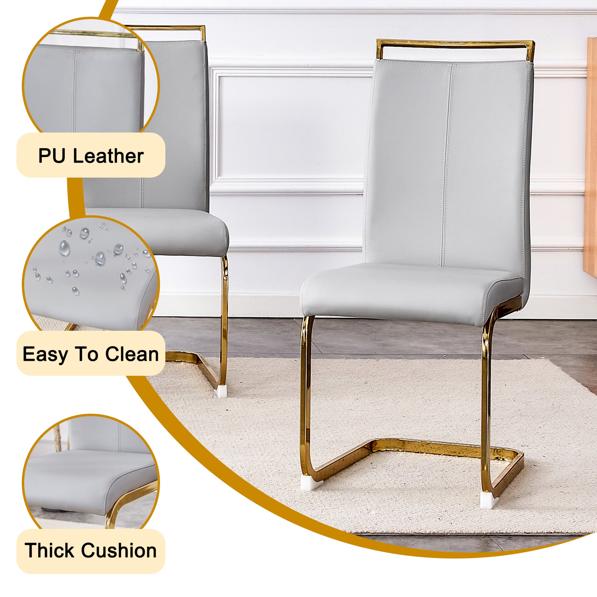 Table And Chair Set, Rock Plate Table Top, Gold Metal Table Legs, Stable And Beautiful, Suitable For Most Home Styles. Modern Simple Dining Table, Comfortable Seating. Grey Gold Seats 6 Sintered Stone