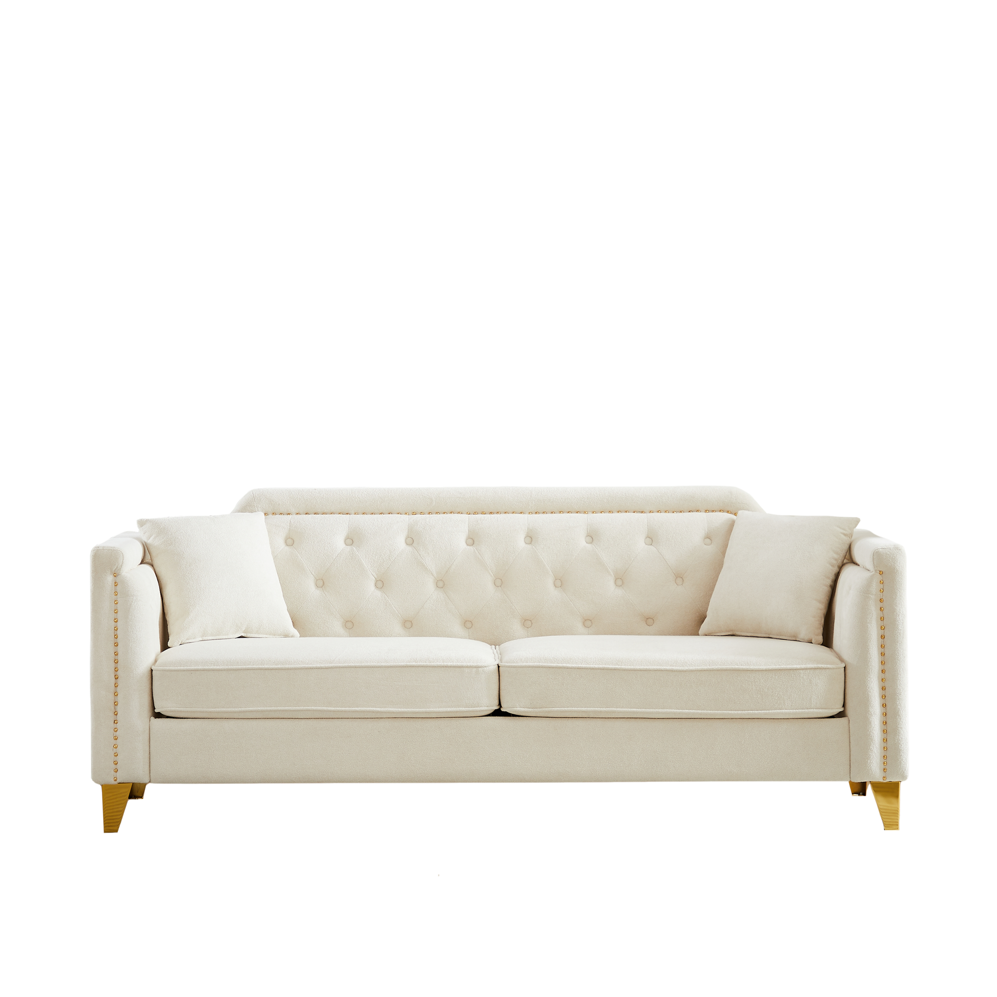 Fx 81"Mid Century Design Modern Sofa,Chenille Pull Buckle Design Sofa For Living Room,Buttons Tufted With Copper Nail Decoration Armrest, With 2 Pillows,Modern Couch Upholstered Button And Metal Leg Beige Chenille Pine Foam Fabric 3 Seat
