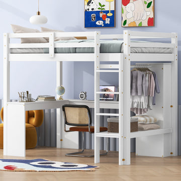 Twin Size Loft Bed With L Shaped Desk, Wardrobe And Storage Shelves, White Expected Arrival Time: 8.31 Box Spring Not Required Twin White Wood Bedroom Solid Wood Mdf