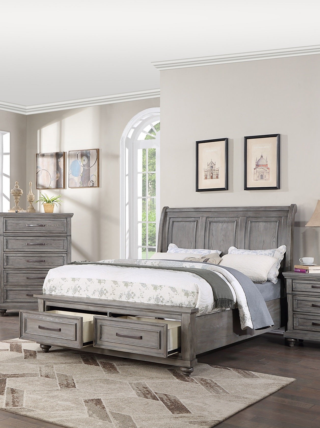 Eastern King Size Bed W Under Bed Drawer Vintage Look Gray Color Beautiful Panel 1Pc Bedframe Bedroom Box Spring Required King Antique Gray,Gray Wood Bedroom Contemporary,Modern,Transitional Storage