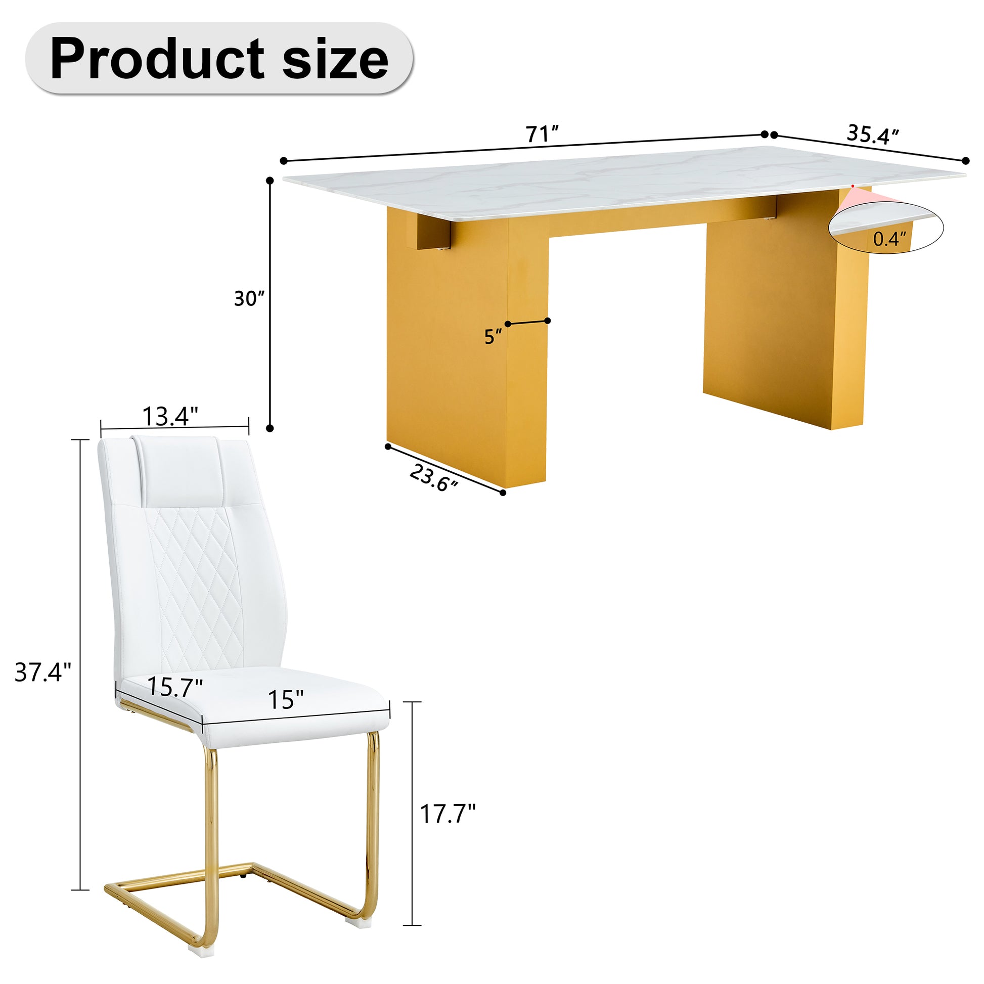 Table And Chair Set.Large Modern Rectangular Table With 0.4 Inch Patterned Glass Tabletop And Large Mdf Table Legs.Comes With 6 Chairs With Faux Leather Cushioned Seats And Golden Metal Legs. Gold White Seats 6 Mdf Glass