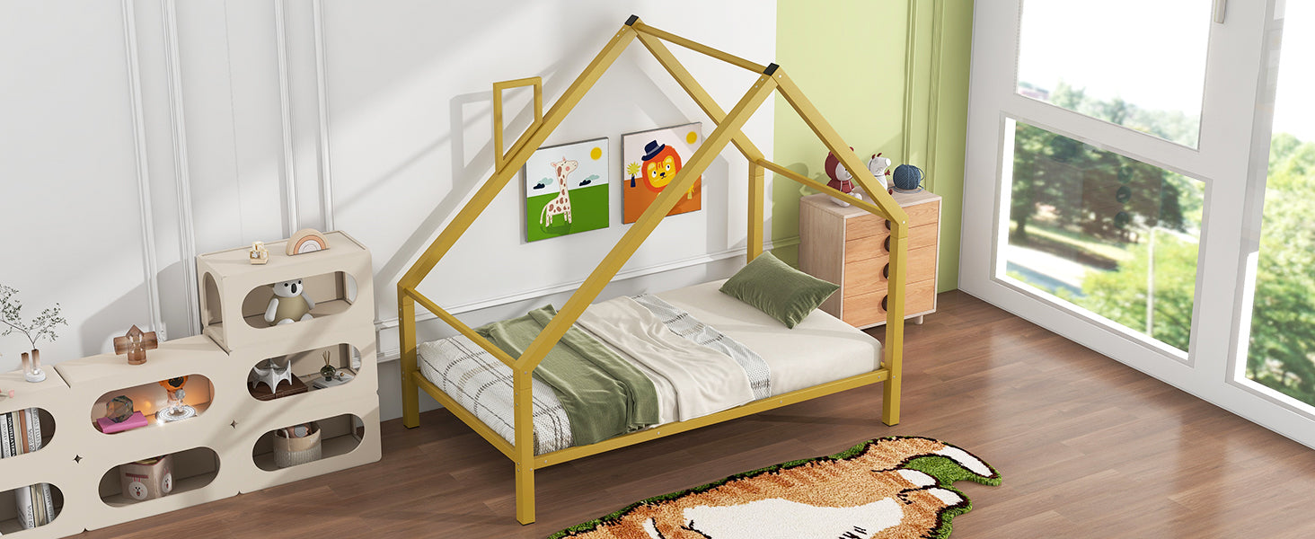 Twin Size Metal House Platform Bed With Roof And Chimney, Gold Box Spring Not Required Twin Gold Metal Bedroom Bed Frame Metal