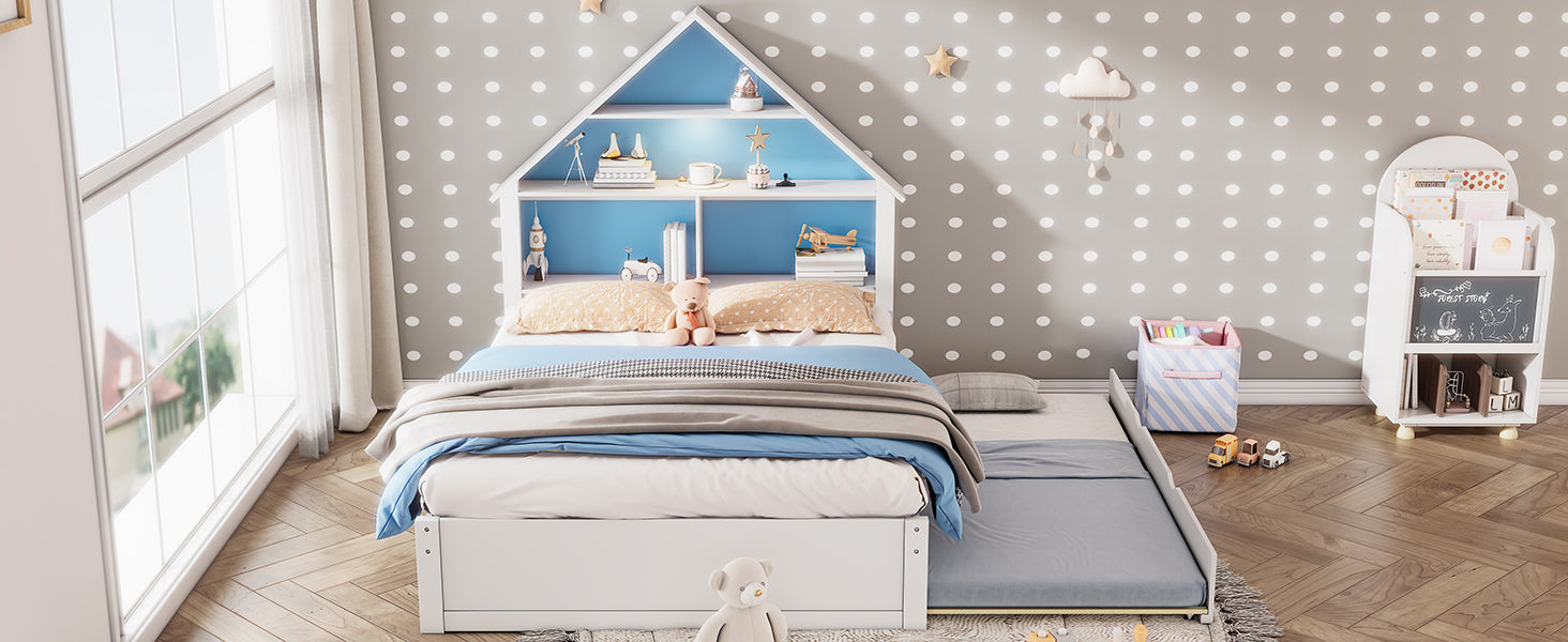 Full Size House Shaped Bed With Bookcase Headboard And Led Light And Twin Size Trundle For Kids Boys Girls, Blue White Box Spring Not Required Full White Blue Wood Bedroom Cute Bed Frame Wood