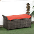 Outsunny 27 Gallon Patio Wicker Storage Bench, Outdoor Pe Rattan Patio Furniture, 2 In 1 Large Capacity Rectangle Garden Storage Box With Handles And Cushion, Red Red Steel