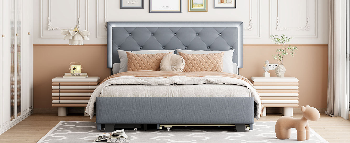 Queen Size Velvet Storage Platform Bed, With 2 Big Drawers, Twin Xl Size Trundle And Led Light, Gray Gray Velvet