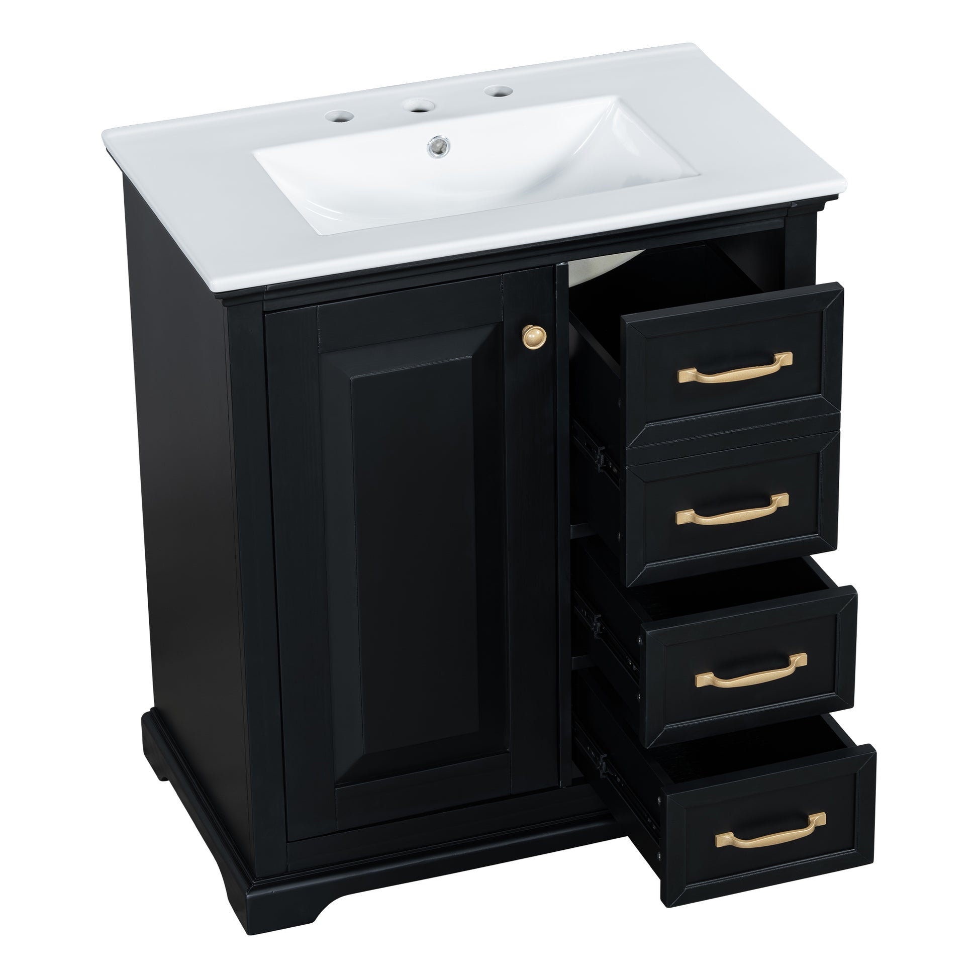 30" Bathroom Vanity With Sink, One Package, Black Bathroom Cabinet With Drawers, Solid Frame And Mdf Board Black Solid Wood Mdf