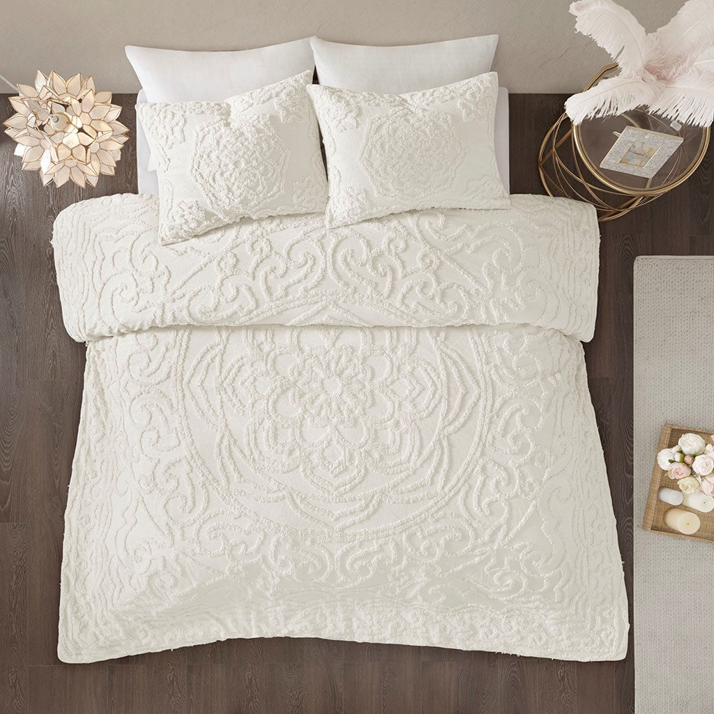 3 Piece Tufted Cotton Chenille Medallion Comforter Set Off White King Cal King King Off White Cotton
