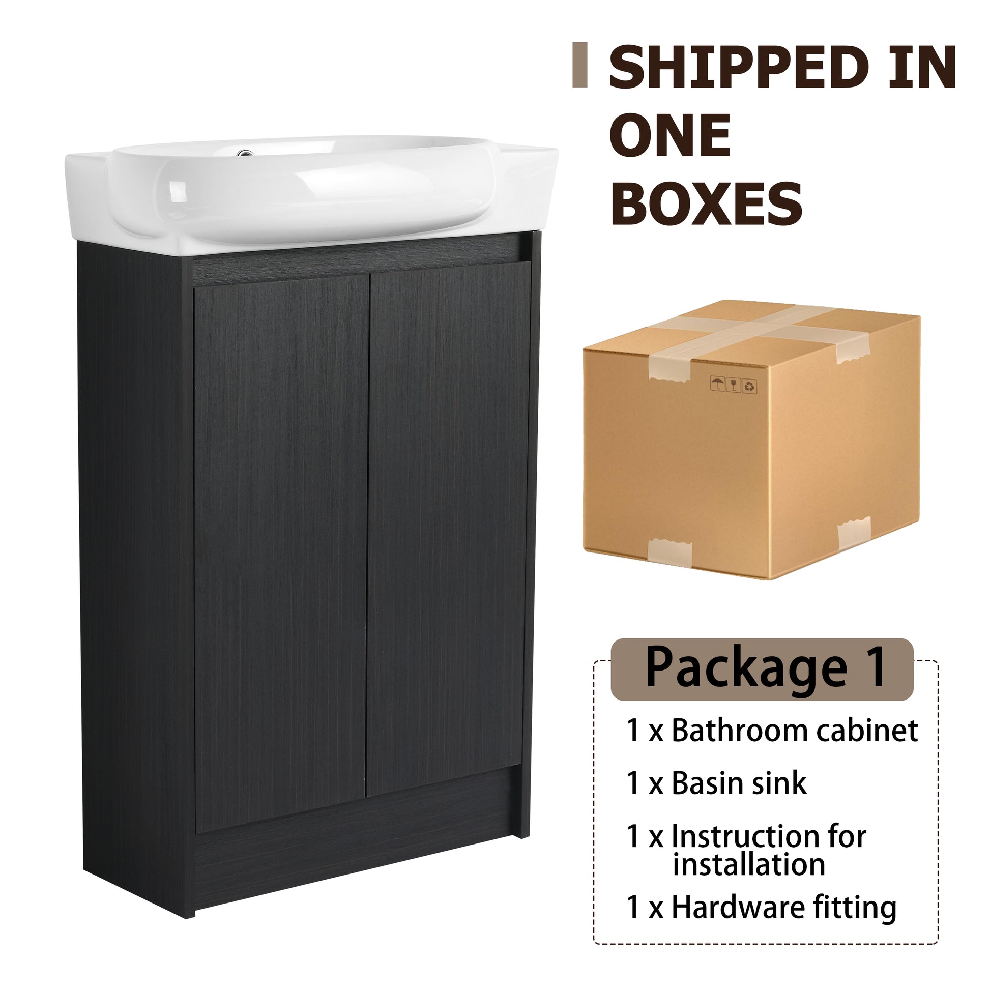 23" Freestanding Bathroom Vanity With Sink, Soft Close Doors Black Chestnut Bathroom Modern Plywood