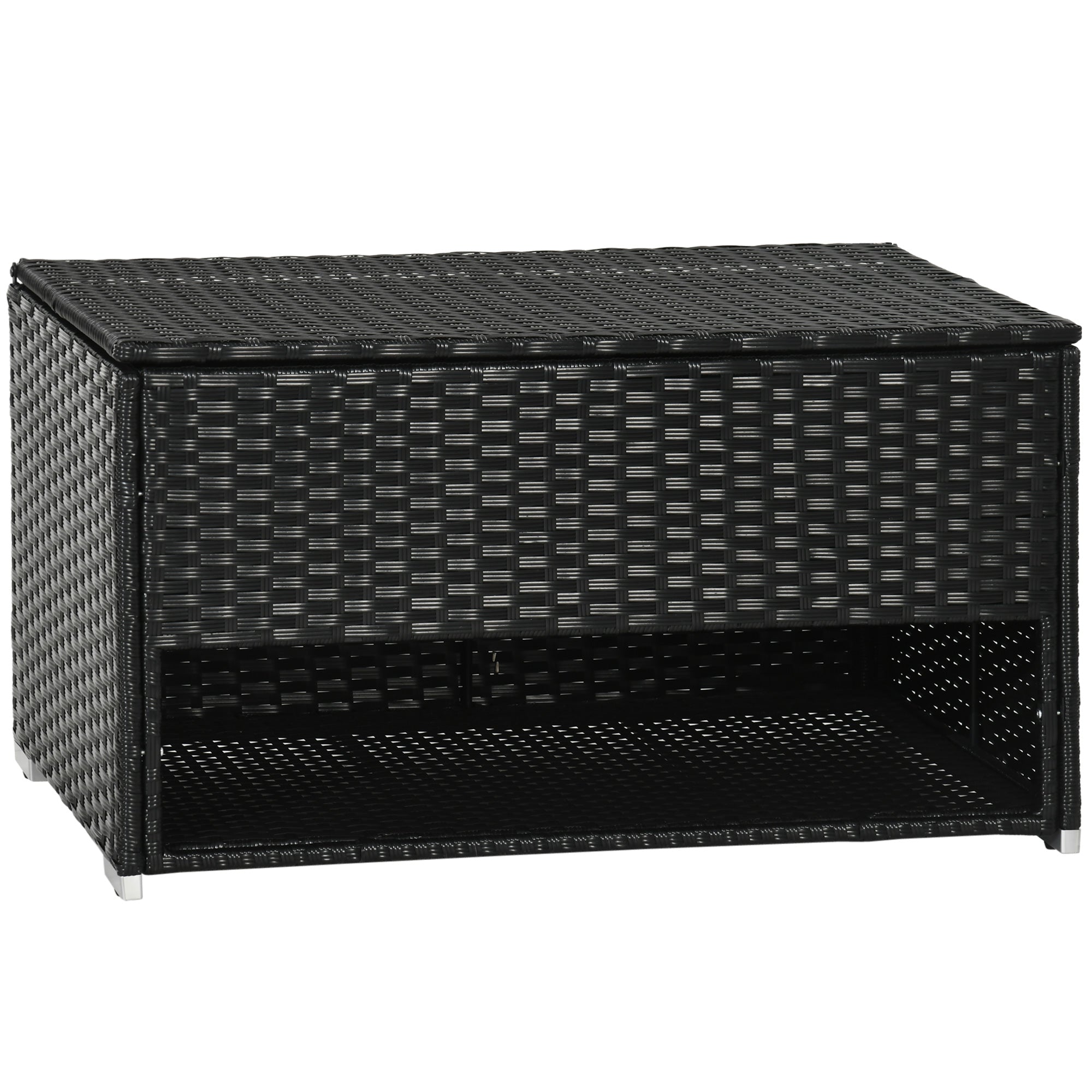 Outsunny Outdoor Deck Box & Shoe Storage, Pe Rattan Wicker Towel Rack With Liner For Indoor, Outdoor, Patio Furniture Cushions, Pool, Toys, Garden Tools, Black Black Steel