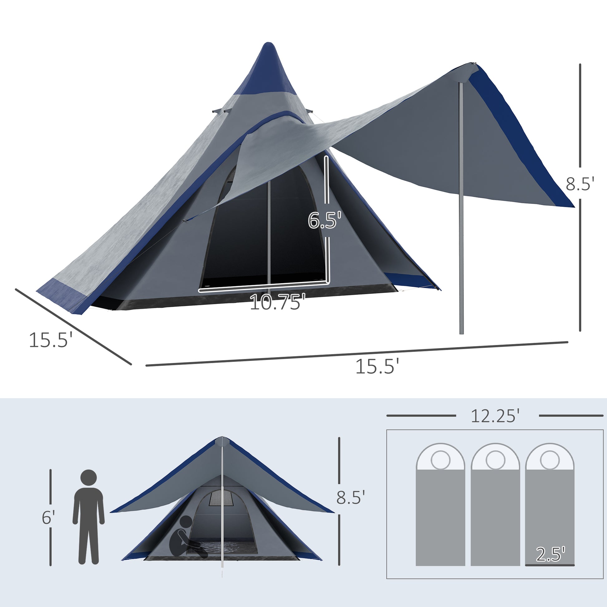 Outsunny 15.4'X15.4'X8.5' Teepee Tent, Waterproof Camping Tent With Porch Area, Floor And Carry Bag, For 2 3 Person Outdoor Backpacking Camping Hiking, Blue Blue Aluminum