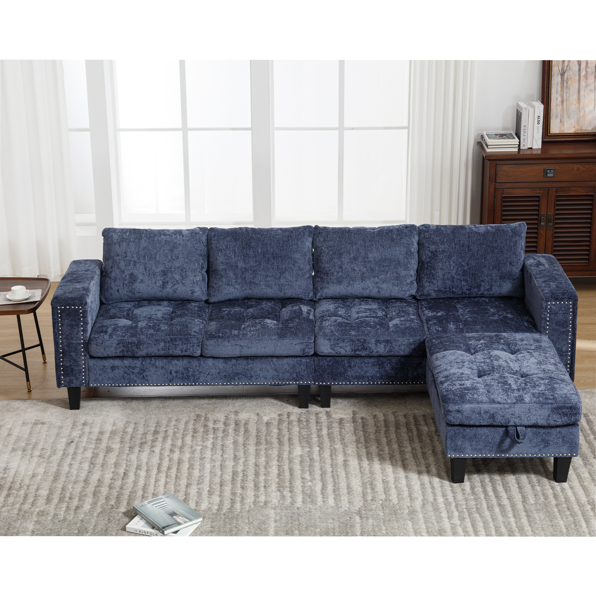Arrived 5 Seat Modular Sofa,With Storage Ottoman, Convertible Sectional Sofa, L Shaped Couchreversible Chaise ,Riveted Sofa,Chenille, Blue Blue Polyester Wood Primary Living Space Medium Soft Cushion Back Modern Square Arms Foam Metal & Wood 5 Seat
