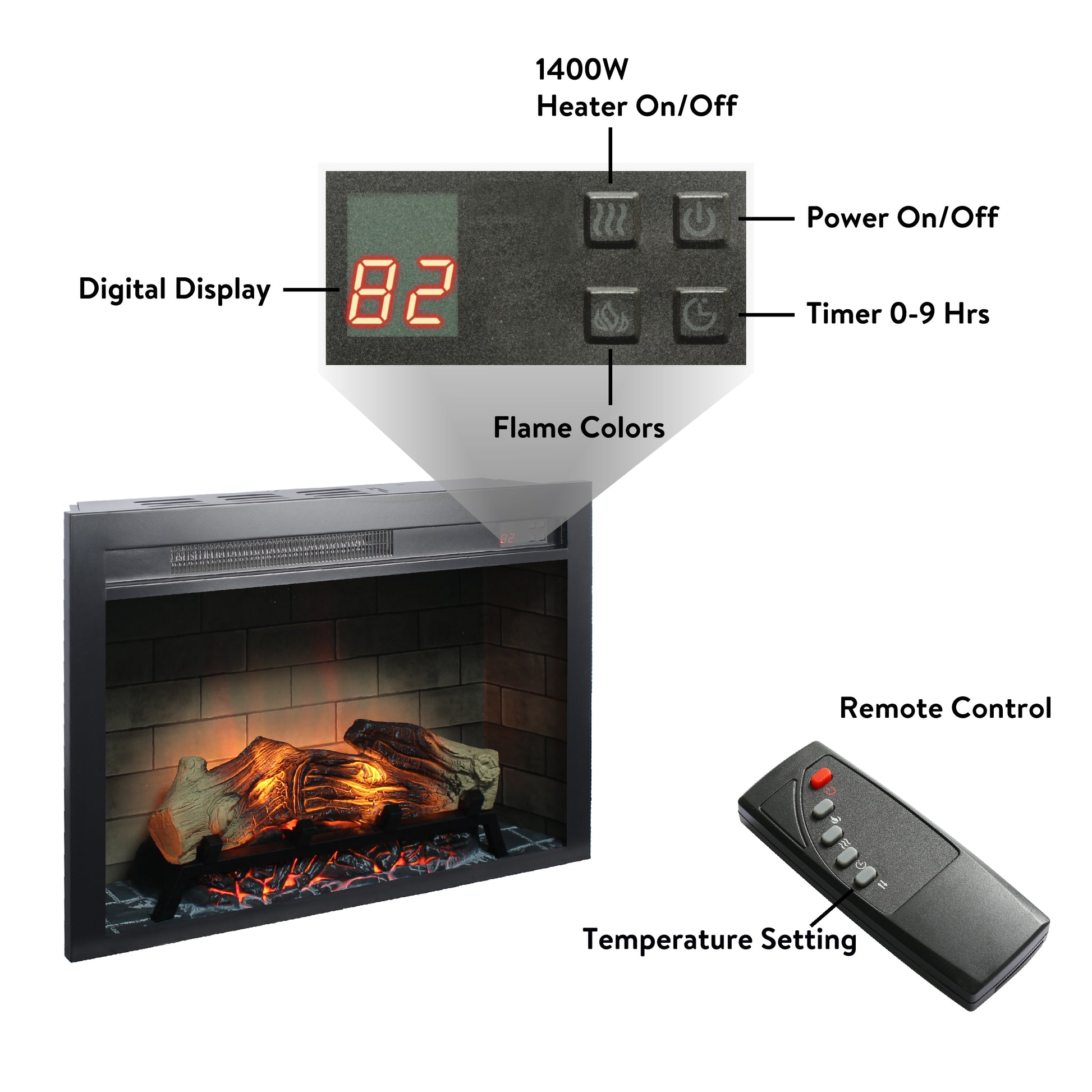 28 Inch Electric Fireplace Insert, Multicolored Flames Powder Coated Electric Antique Black Vent Free Primary Living Space Yes Insert Tempered Glass Sheet Metal Electric