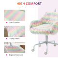 Homcom Fluffy Unicorn Office Chair With Mid Back And Armrest Support, 5 Star Swivel Wheel White Base, Rainbow Multicolor Faux Fur