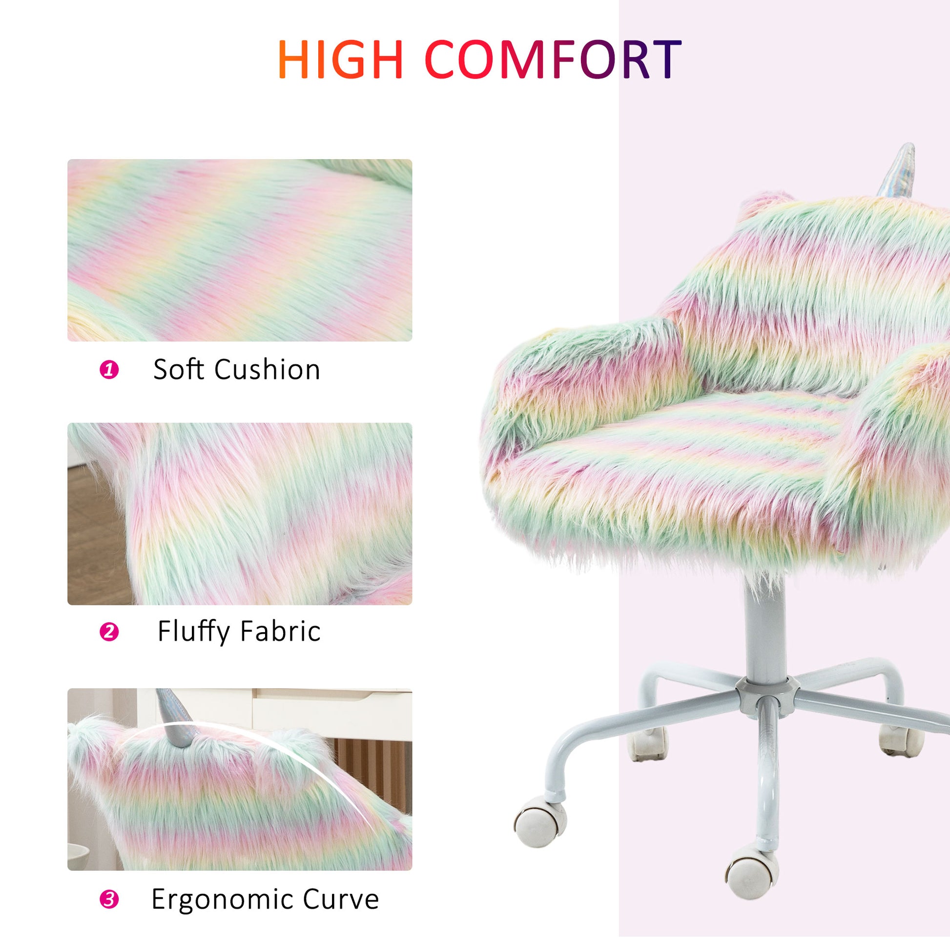 Homcom Fluffy Unicorn Office Chair With Mid Back And Armrest Support, 5 Star Swivel Wheel White Base, Rainbow Multicolor Faux Fur