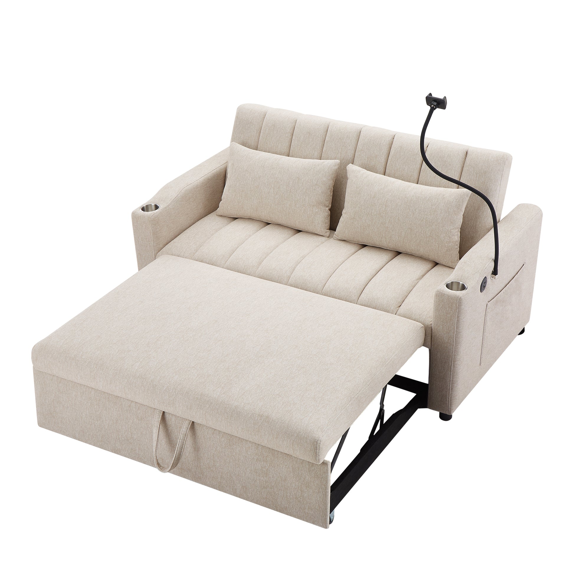 55.9" Convertible Sofa Bed Loveseat Sofa With Three Usb Ports, Two Side Pockets, Two Cup Holders And 360 Swivel Phone Holder For Living Room, Beige Beige Foam Polyester