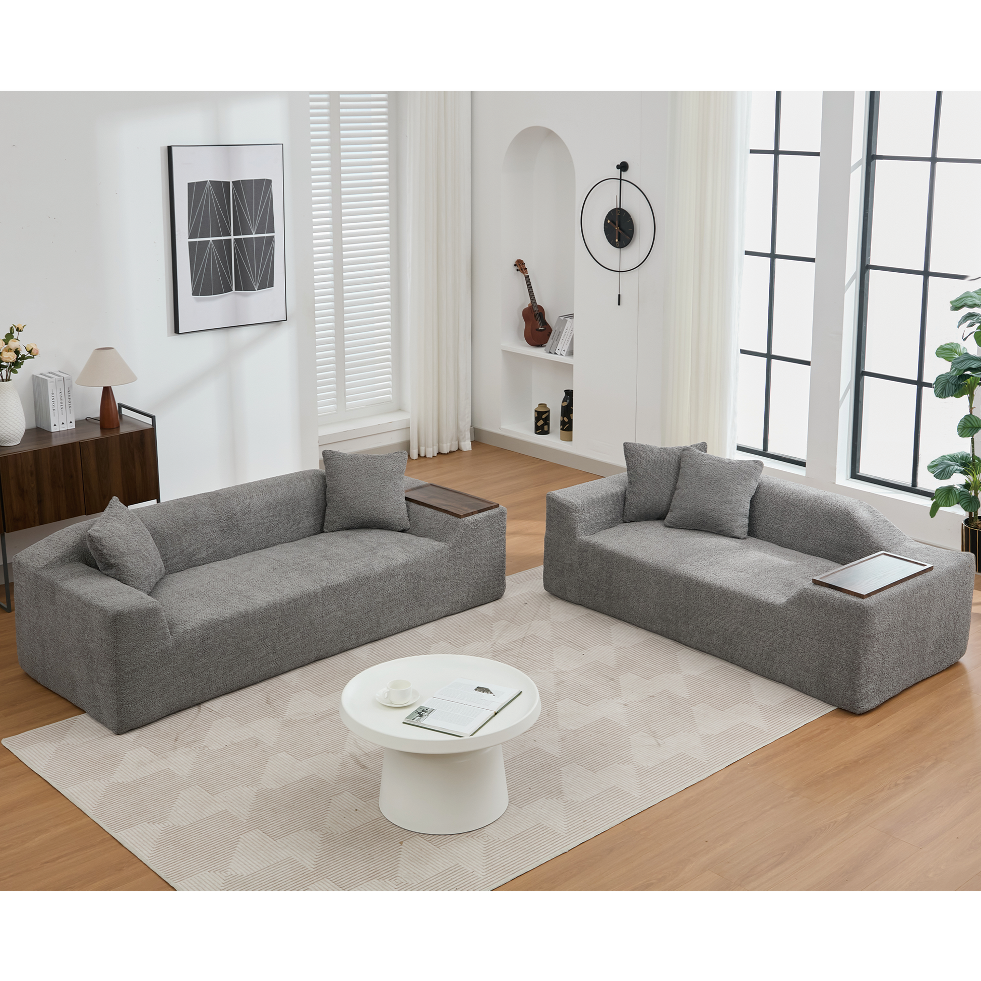 Arrived 2 Piece Boucle Cloud Sofa Set, Upholstered Sofa Set, Modern 3 Seater And 2 Seater Sofa With Mdf End Table For Living Room ,Apartment,3 2 Couch,Boucle,Dark Gray Gray Polyester Primary Living Space Soft Tight Back Modern Square Arms Foam