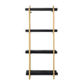 44 Inch Modern Wood Four Tier Shelf, Natural Rattan Braiding, Gold, Black Black Wood Metal