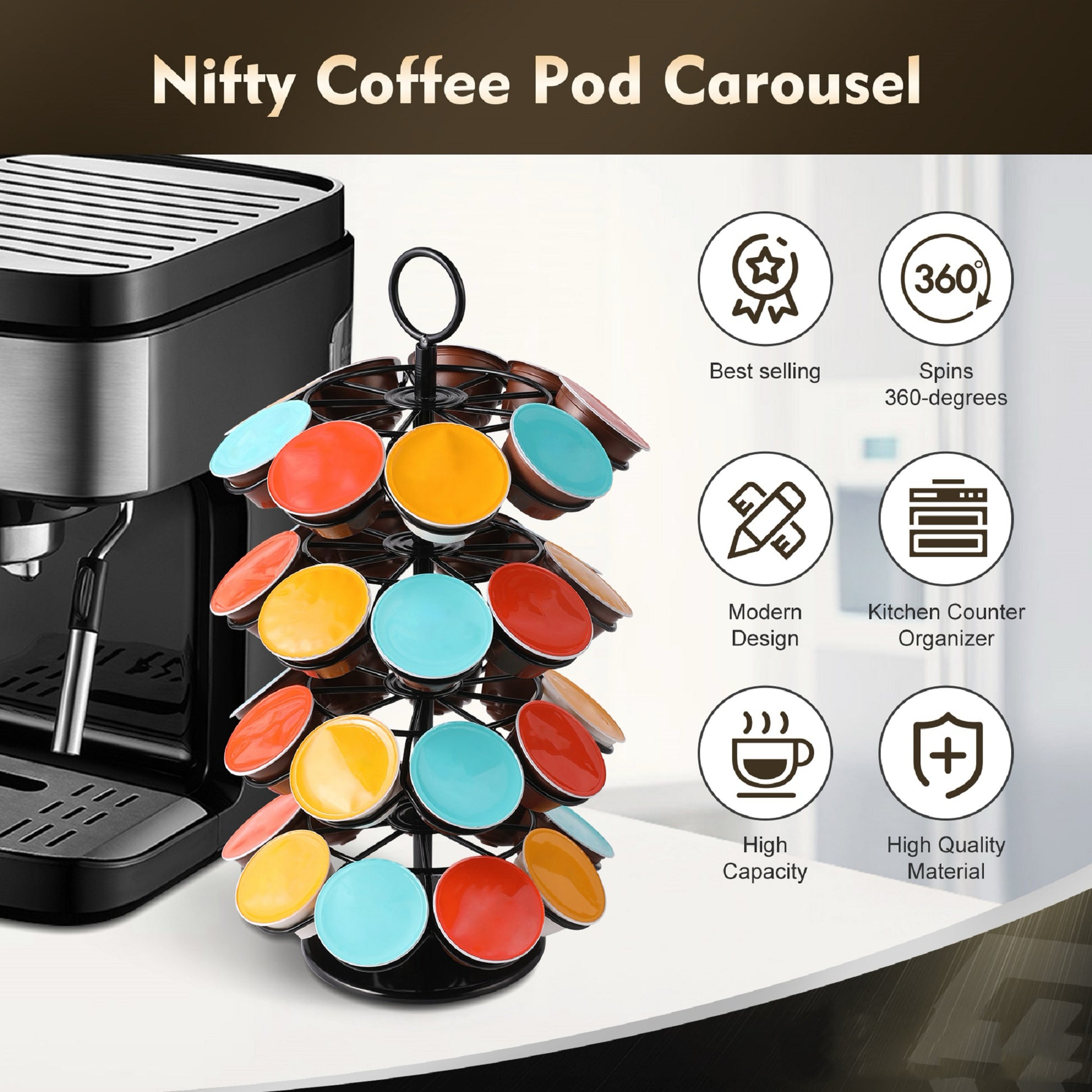 K Cups Holder K Cup Carousel Coffee Pods Storage Organizer Stand Comes All In One Piece Black Black Metal