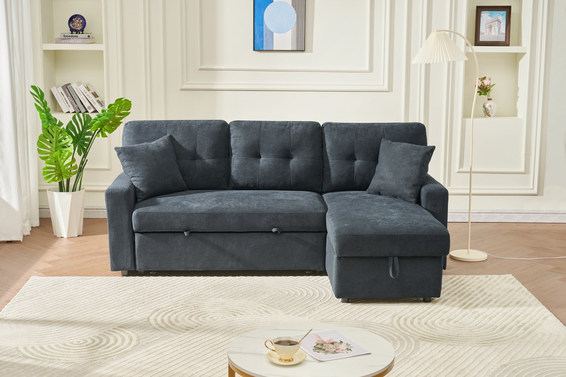 Sectional Sofa Bed L Shaped Sofa Couch Bed With Usb Port, Reversible Sofa Couch Sleeper With Pull Out Bed, Chaise With Storage, Pull Out Couch For Living Room Black Wood Fabric 3 Seat