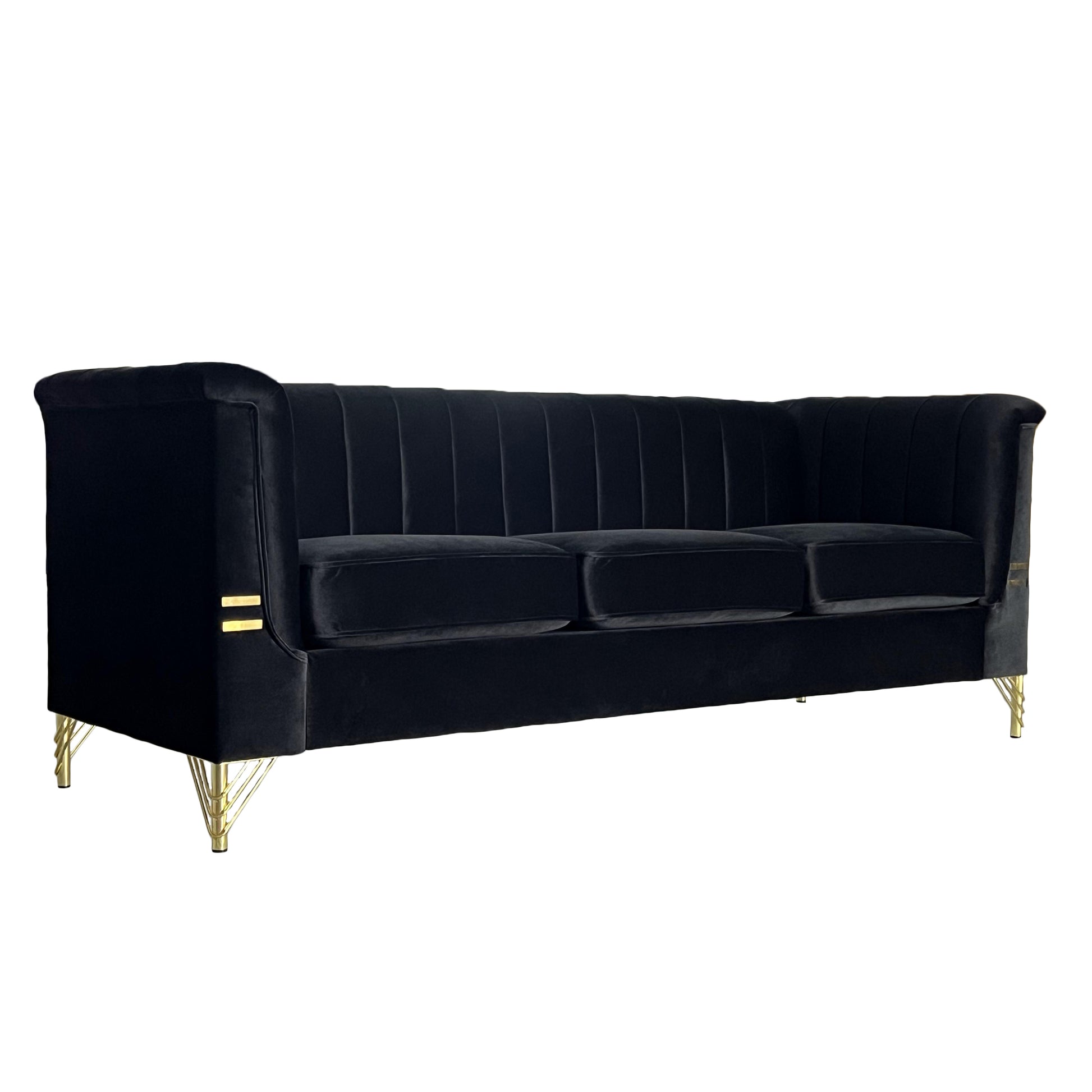 Fx P82 Bk Sofa Modern Sofa Couches For Living Room, 82.67Inches Velvet Velvet Tight Back Chesterfield Design Couch Upholstered Sofa With Metal Legs Decor Furniture For Bedroom Black Velvet 3 Seat