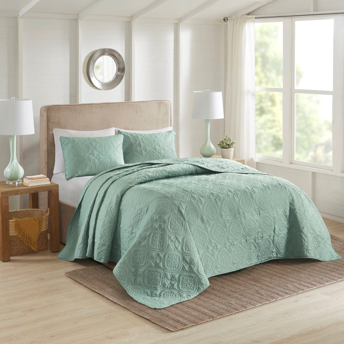3 Piece Reversible Bedspread Set Seafoam Full Queen Queen Green Microfiber