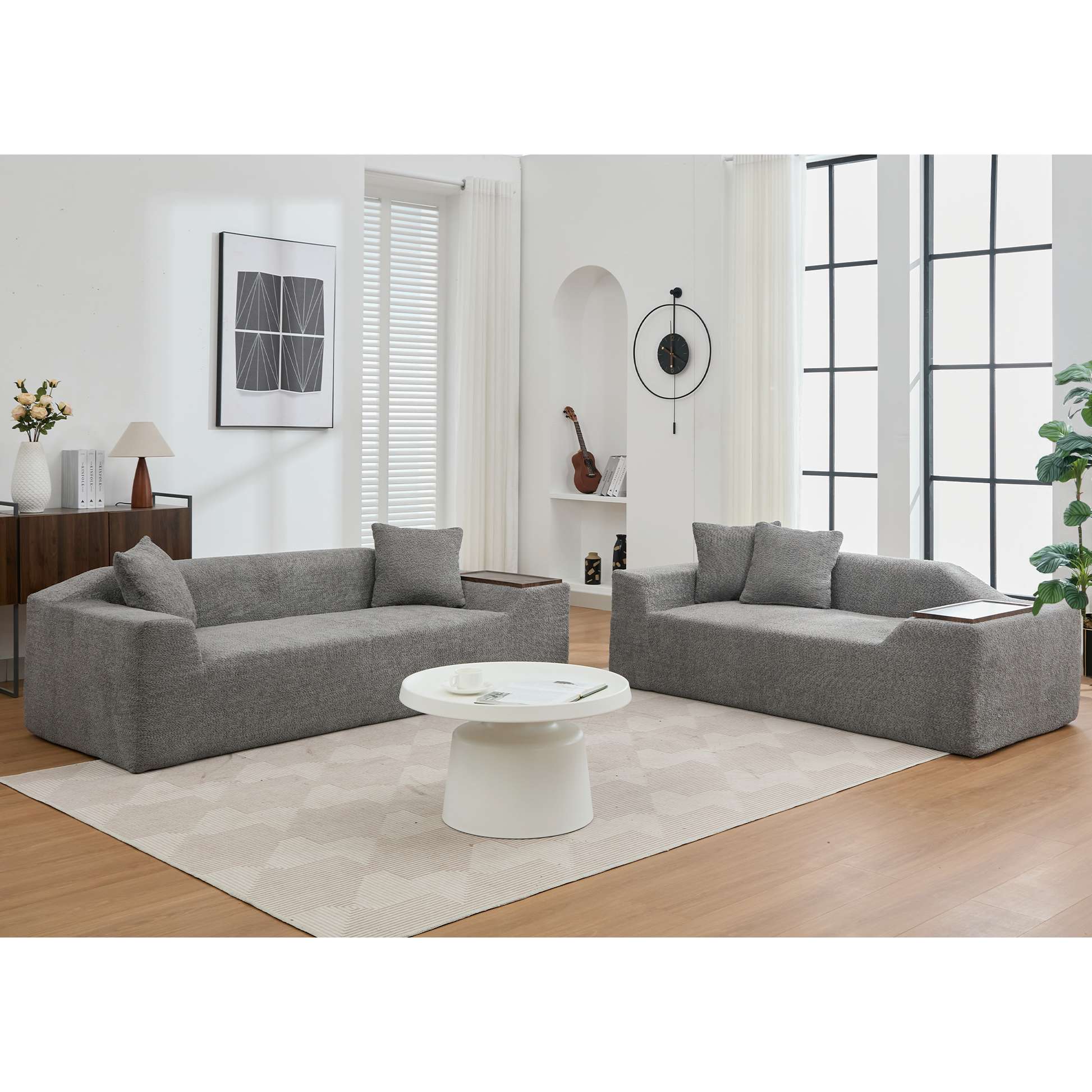 Arrived 2 Piece Boucle Cloud Sofa Set, Upholstered Sofa Set, Modern 3 Seater And 2 Seater Sofa With Mdf End Table For Living Room ,Apartment,3 2 Couch,Boucle,Dark Gray Gray Polyester Primary Living Space Soft Tight Back Modern Square Arms Foam