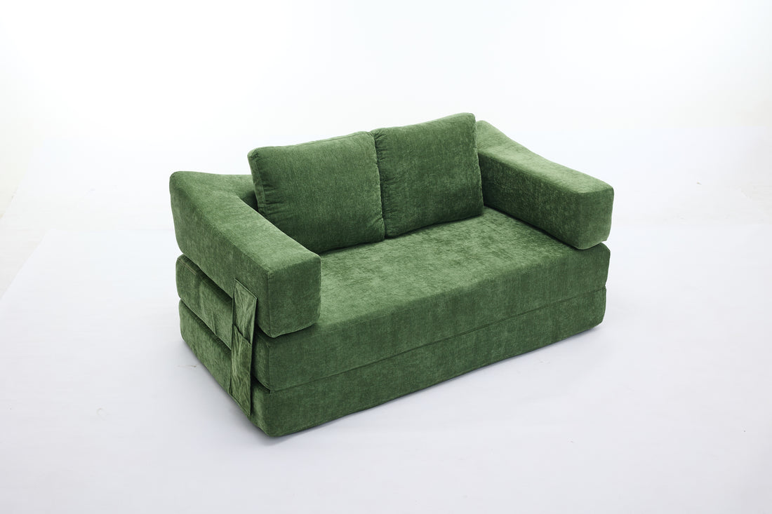 Modern Minimalist Sofa, Fold Out Sofa Bed, Convertible Chair Floor Couch & Sleeping Mattress For Living Room, Bedroom, Apartment, Removable Backrest, Green Green Chenille Soft Vintage Chenille 2 Seat