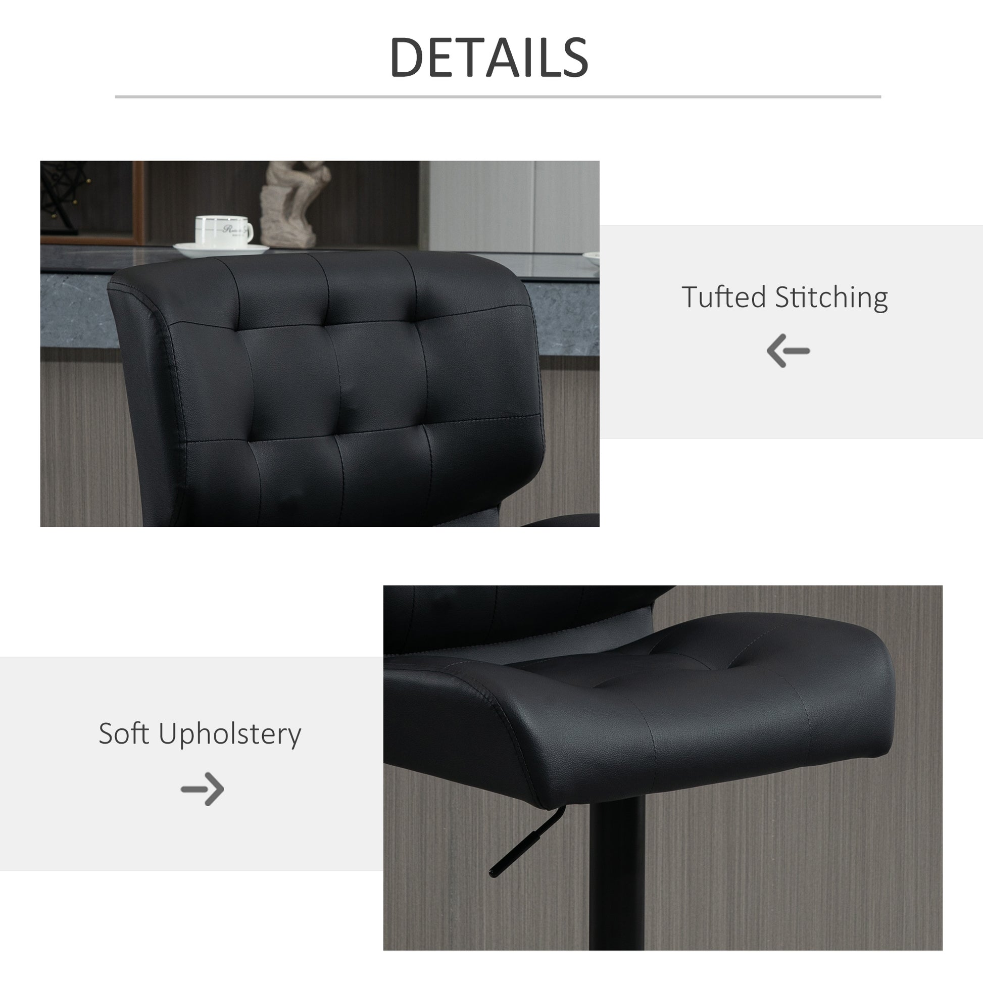 Homcom Bar Height Bar Stools Set Of 2 With Adjustable Seat, Thick Padded Cushion And Metal Footrest For Home Bar, Black Black Metal