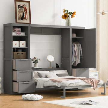 Queen Size Murphy Bed Wall Bed With Closet ,Drawers And Shelves,Gray Queen Gray Mdf Lvl
