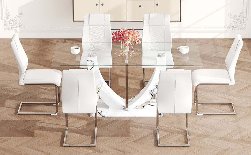 Table And Chair Set, Large Modern Rectangular Glass Table, Can Accommodate 6 8 People, Equipped With A 0.39 Inch Tempered Glass Tabletop And Mdf Table Legs.Paired With Comfortable And Soft Chairs. White Mdf Glass