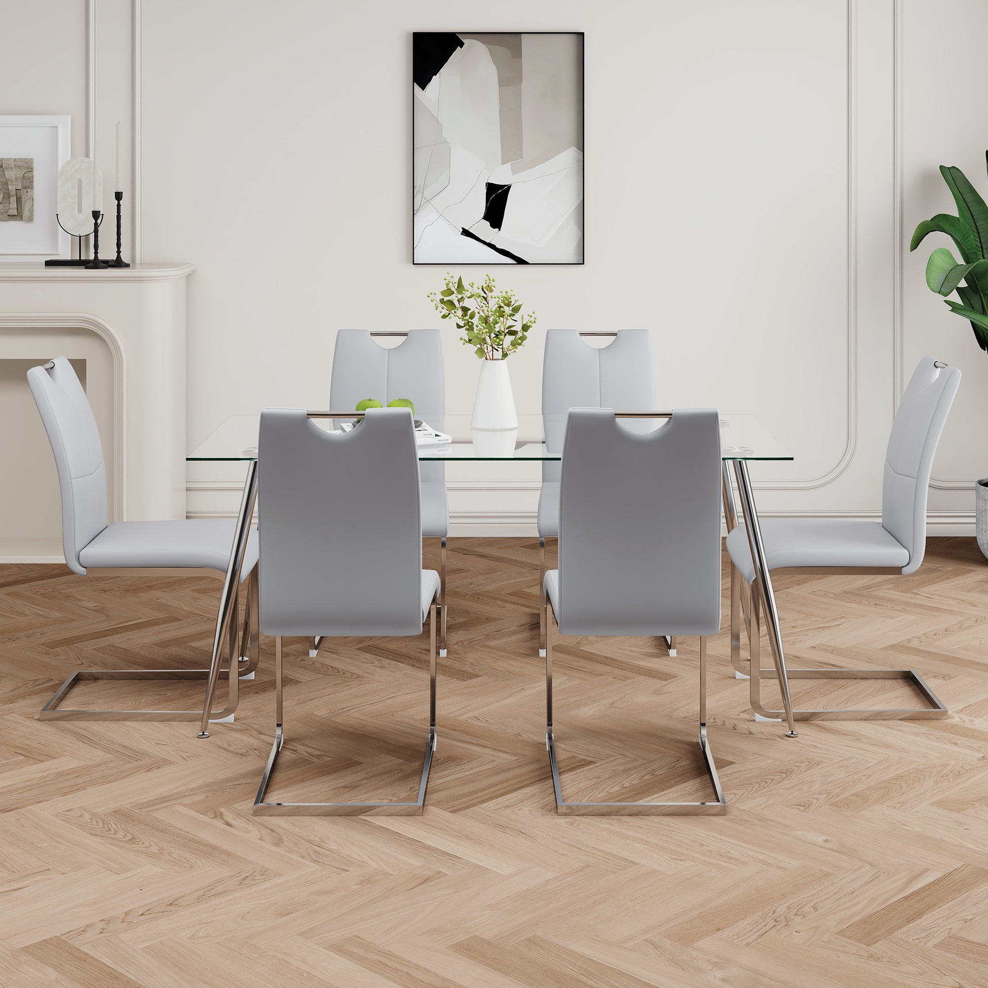 Modern Simple Rectangular Glass Dining Table, Solid Tempered Glass Tabletop, Electroplated Table Legs, Gray Pu Dining Chair Set, Suitable For Restaurant Kitchen Use Set Of 7 Upholstered Chair Glass Gray Pu Seats 6 Metal Rectangular Dining Table With