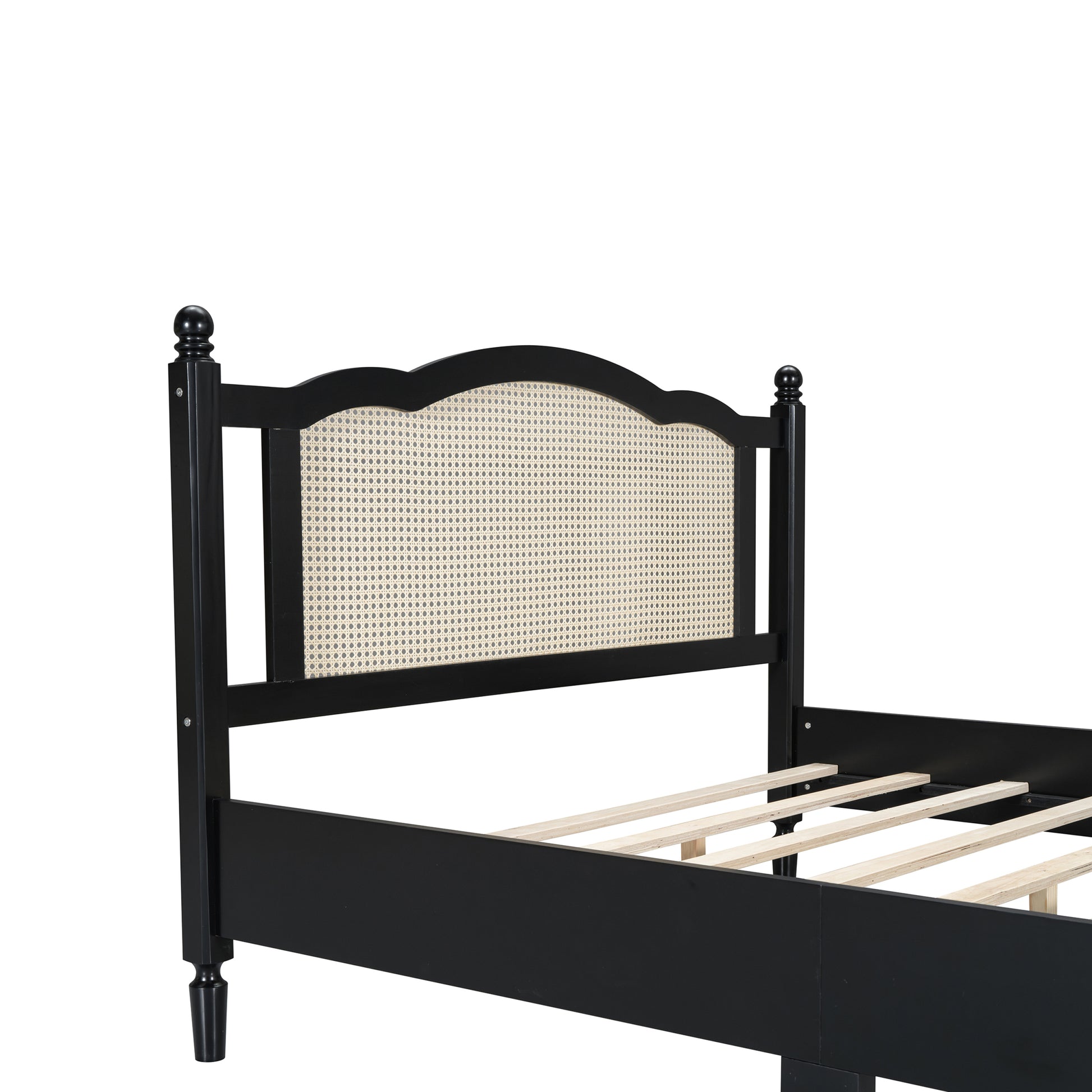 Queen Size Wooden Platform Bed With Natural Rattan Headboard, Vintage Bed Frame With Wooden Slat Support, Black Box Spring Not Required Queen Black Wood