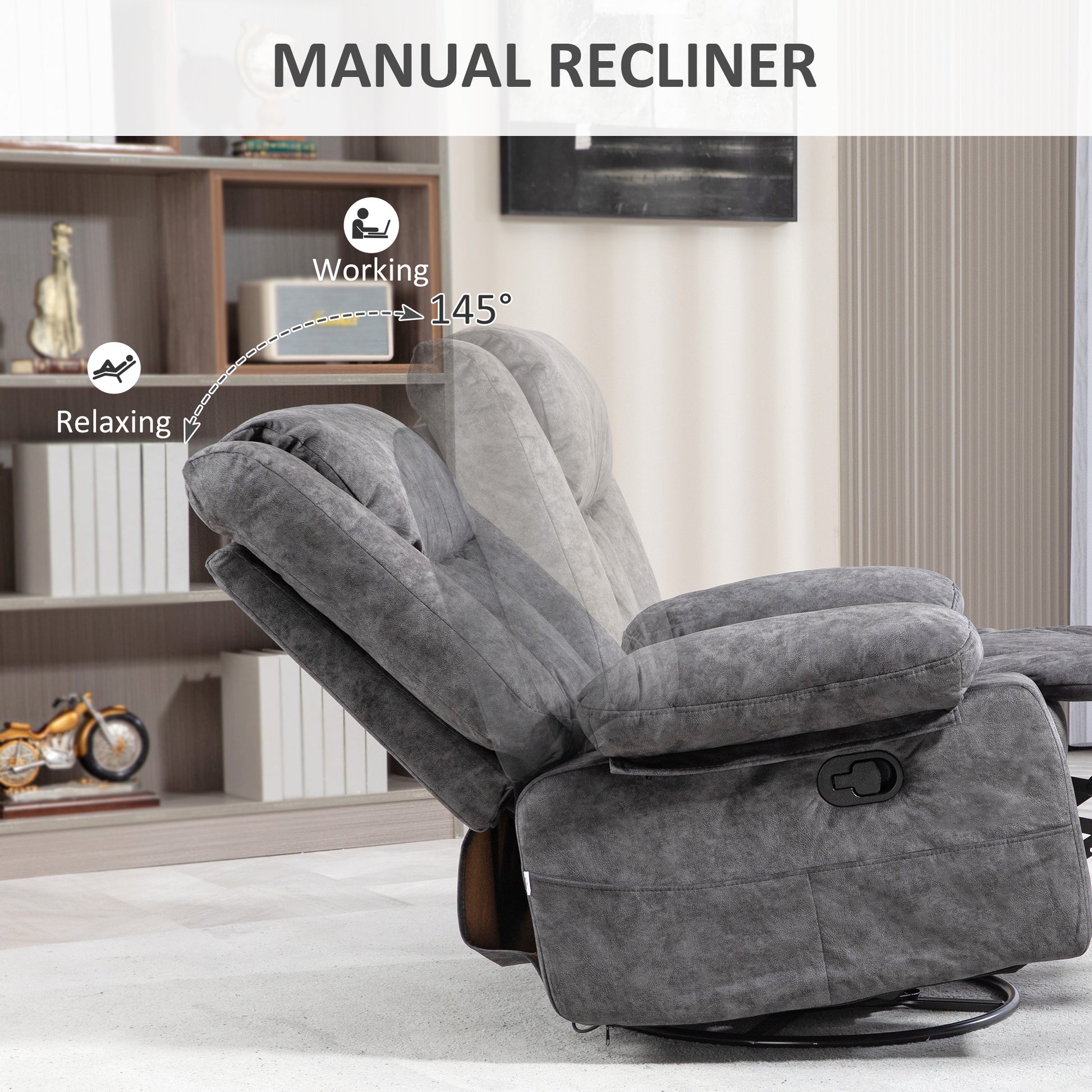 Homcom Swivel Rocker Recliner Chair For Living Room, Fabric Reclining Chair For Nursery, Rocking Chair With Footrest, Side Pockets, Charcoal Gray Charcoal Grey Polyester