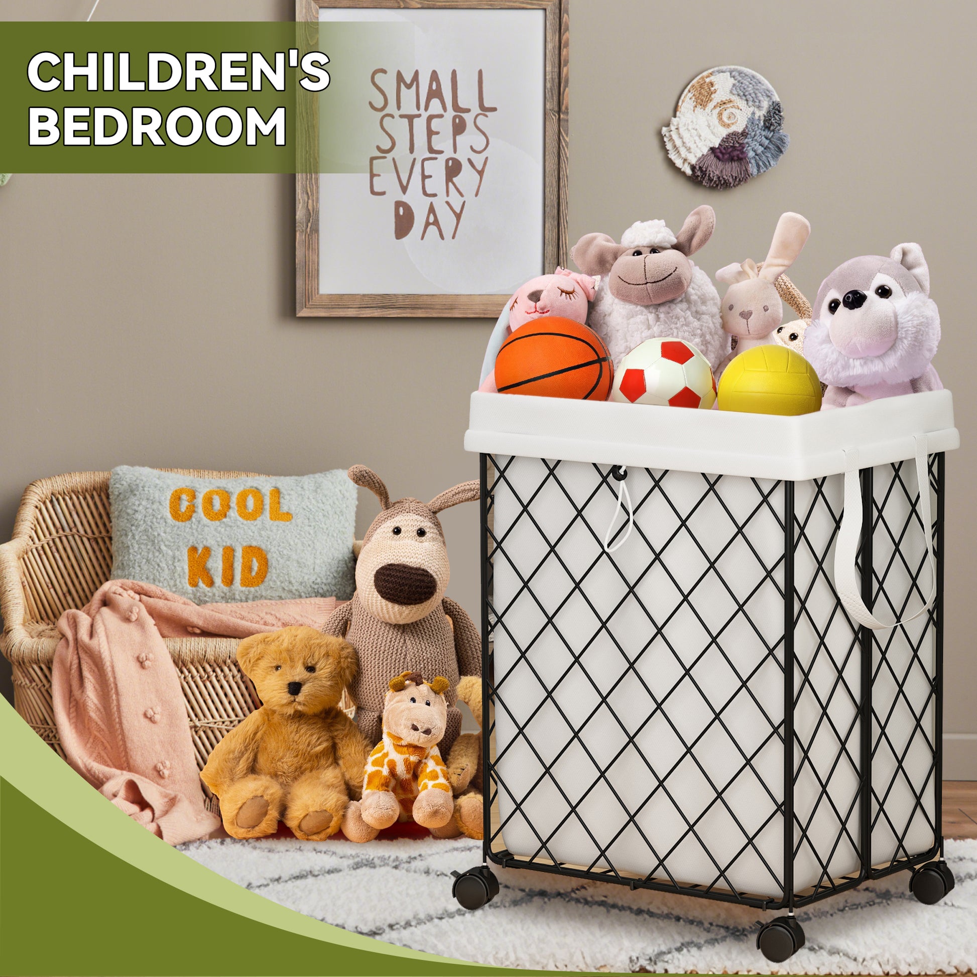 Laundry Basket With Wheels, Rolling Laundry Hamper, Detachable And Washable Lining, Metal Frame, Suitable For Bedrooms, Bathrooms, Laundry Rooms, White White Black 1 Foldable Freestanding Boho