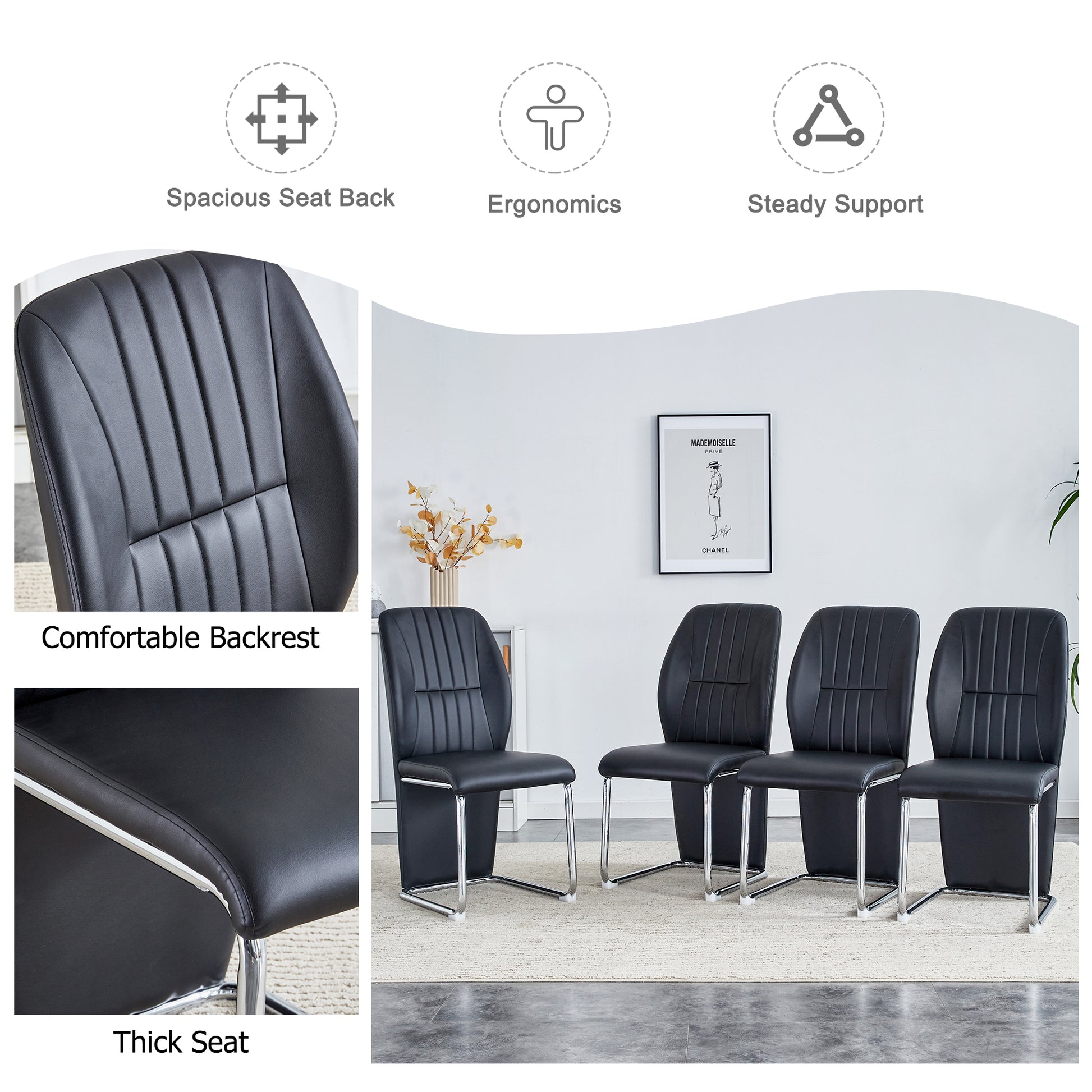 Table And Chair Set, Modern Luxurious White Imitation Marble Pattern Mdf Dining Table,Rectangular Dining Table, Matched With Uniquely Shaped Pu High Backrest Seats,Suitable For Various Occasions. White Black Seats 4 Mdf