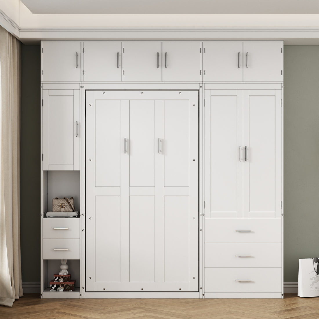 Twin Size Murphy Bed With Lockers And Wardrobes, With Installation Video, White Box Spring Not Required Twin White Murphy Solid Wood Mdf