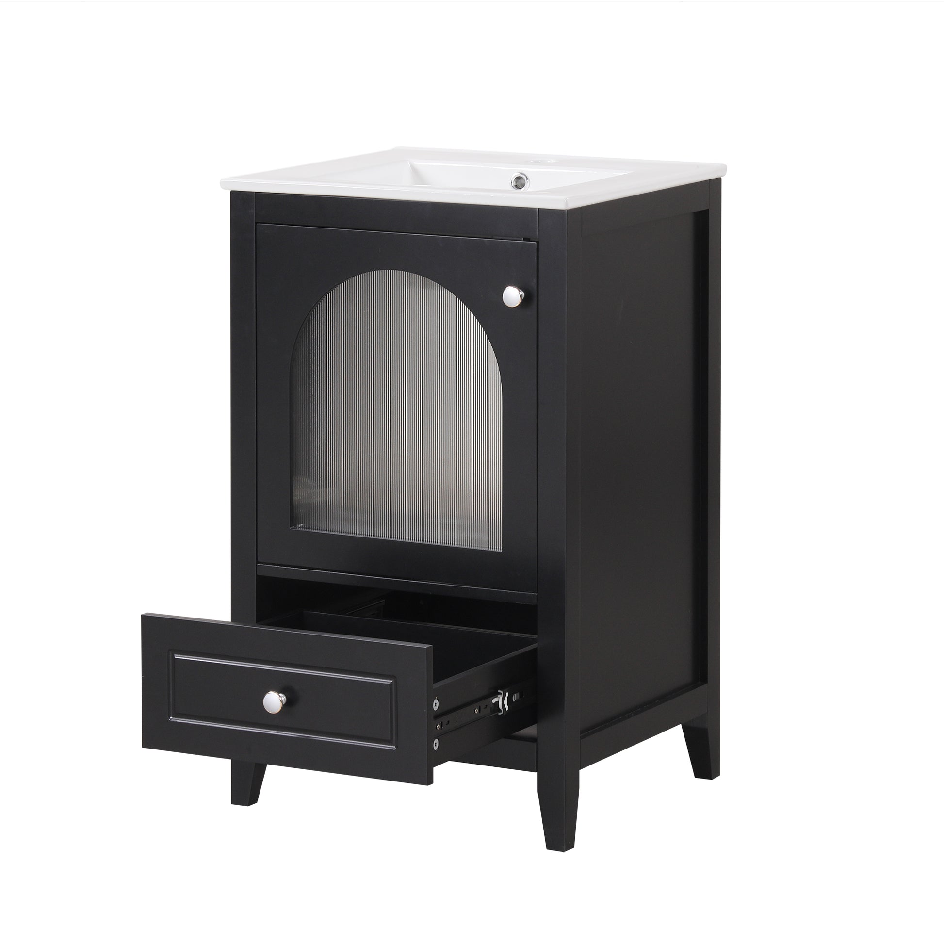 20" Bathroom Vanity With Sink, Bathroom Cabinet With Soft Closing Glass Door, A Drawer, Black Black Mdf