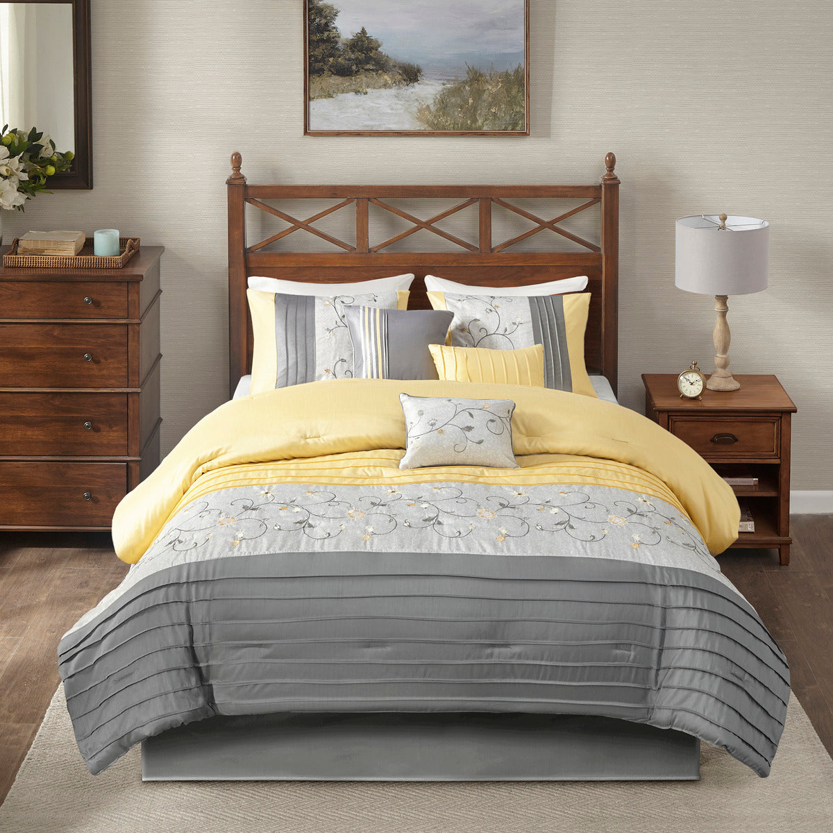 Embroidered 7 Piece Comforter Set Yellow King King Yellow Polyester