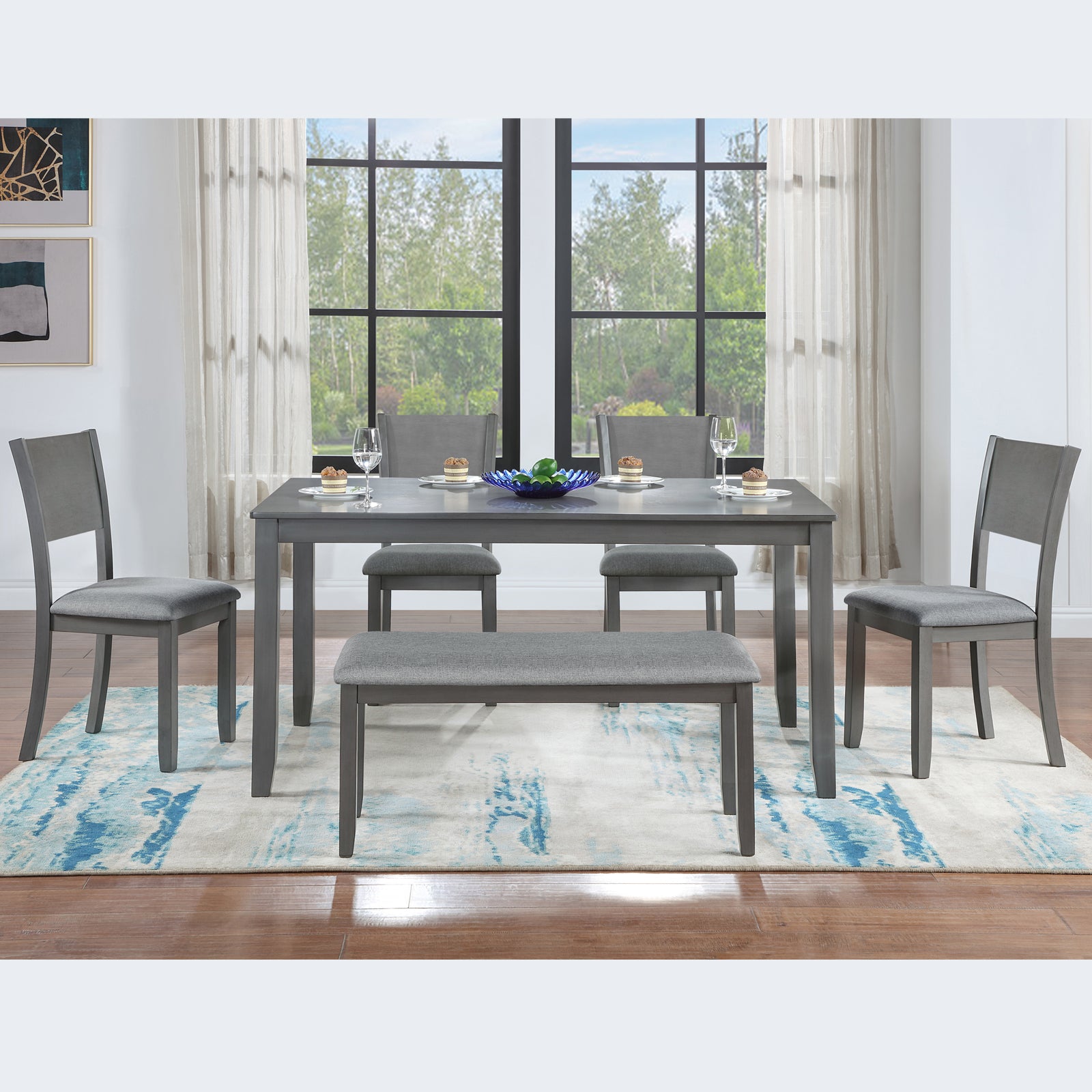 6 Piece Kitchen Dining Set, Rectangular Wooden Dining Table With 4 Upholstered Chairs And A Bench, Dining Table Set For 6 People, Living Room, Home Bar And Kitchen, Gray Wood Gray Seats 6 Wood Dining Room Acacia 4 Leg Rectangular Dining Table With Chair