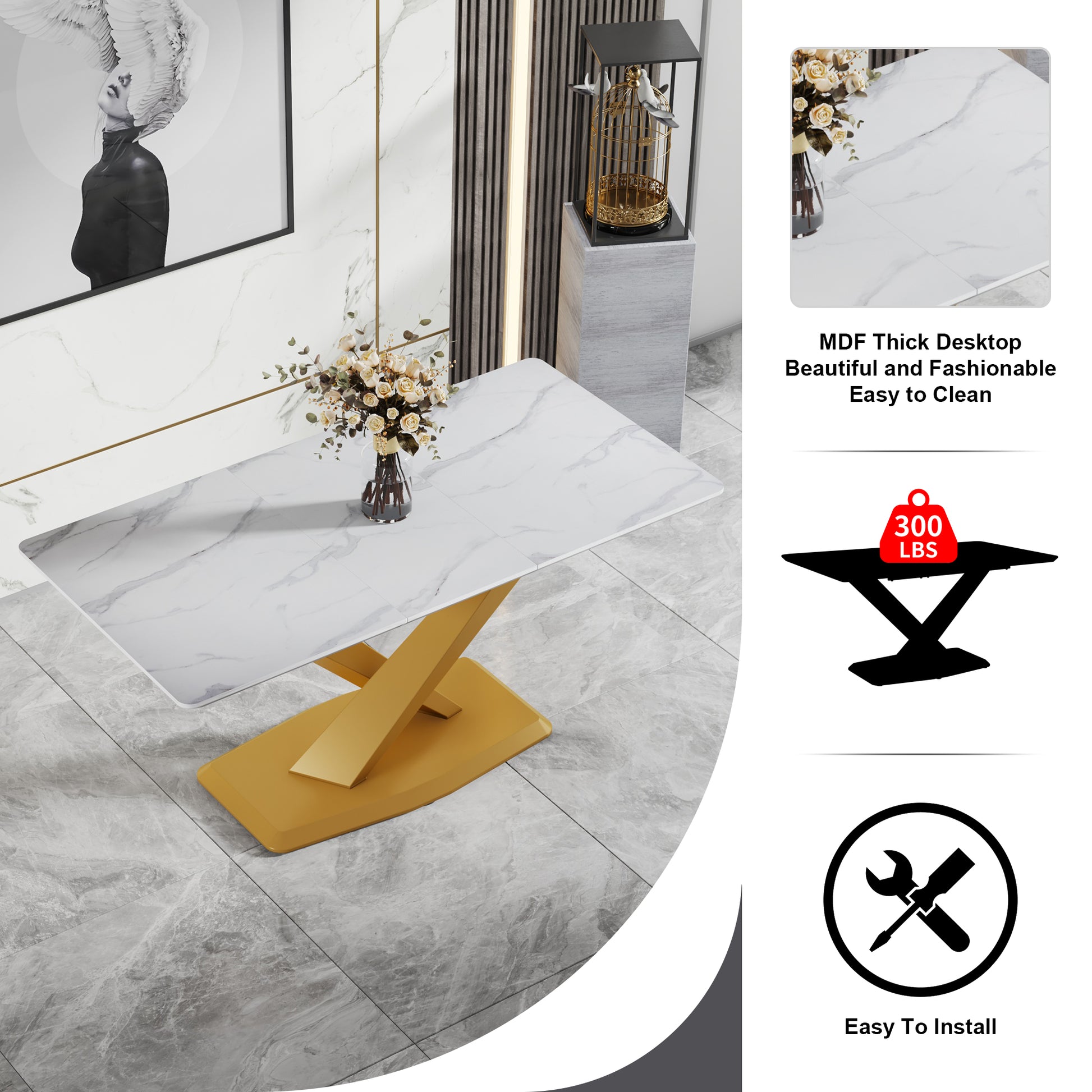 Table And Chair Set, The Table Is Equipped With A Marble Patterned Mdf Tabletop And Gold Table Legs.Dining Chairs,Gold Legged Upholstered Chairs Made Of Artificial Leather. Grey Gold Seats 4 Mdf