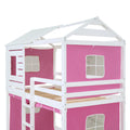 Twin Size Bunk Wood House Bed With Tent, Pink White Twin Pink White Solid Wood Mdf