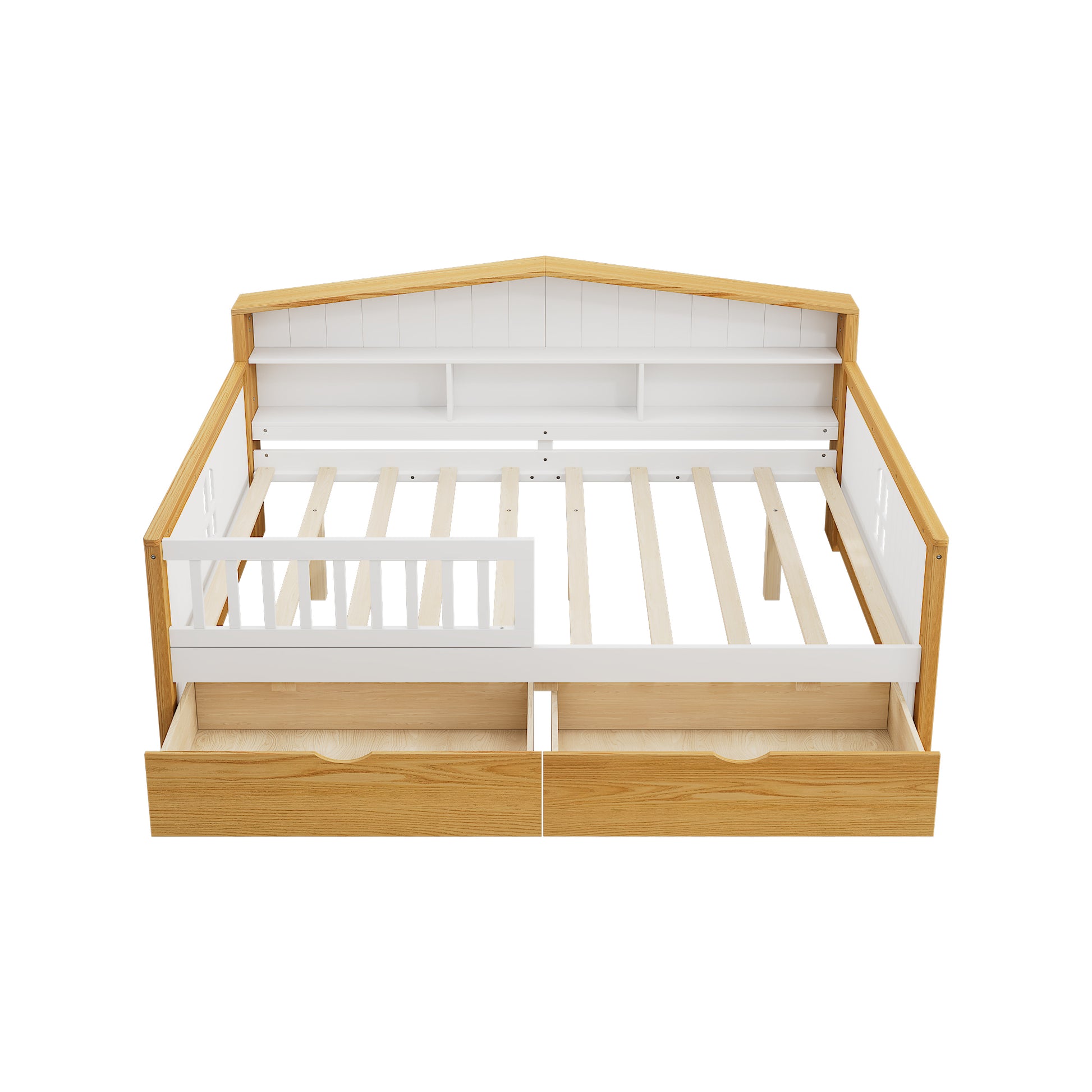 Full Size House Shape Daybed With Two Drawers And Bookcase Headboard Wooden Bed For Girls Boys Teens, No Box Spring Needed, Walnut And White Box Spring Not Required Full White Walnut Wood Bedroom Cute Pine Bed Frame Wood