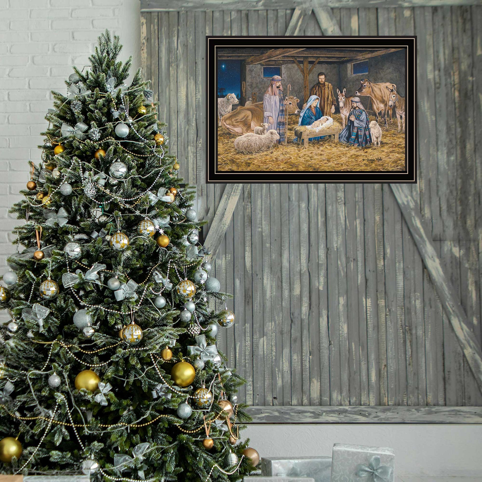 The Greatest Gift Of All The Birth Of Christ Black Framed Wall Art For Living Room, Nativity Wall Art Print For Home Decor, Bedroom Wall Art By Bonnie Mohr Multicolor Wood Paper